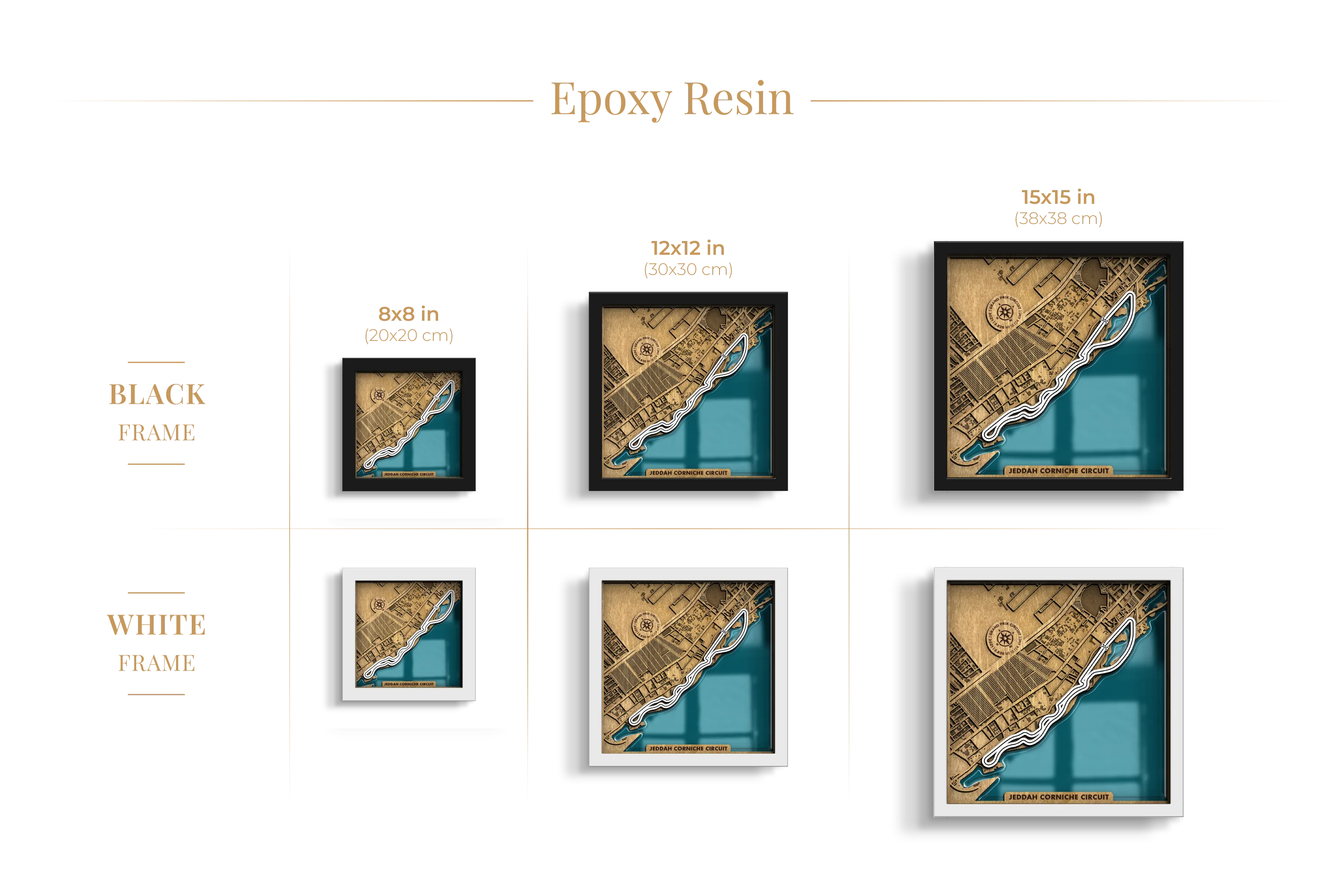 Jeddah Corniche Circuit epoxy resin layered wooden racetrack wall art shown in 8_8, 12_12 and 15_15 inch sizes with black and white frame options.