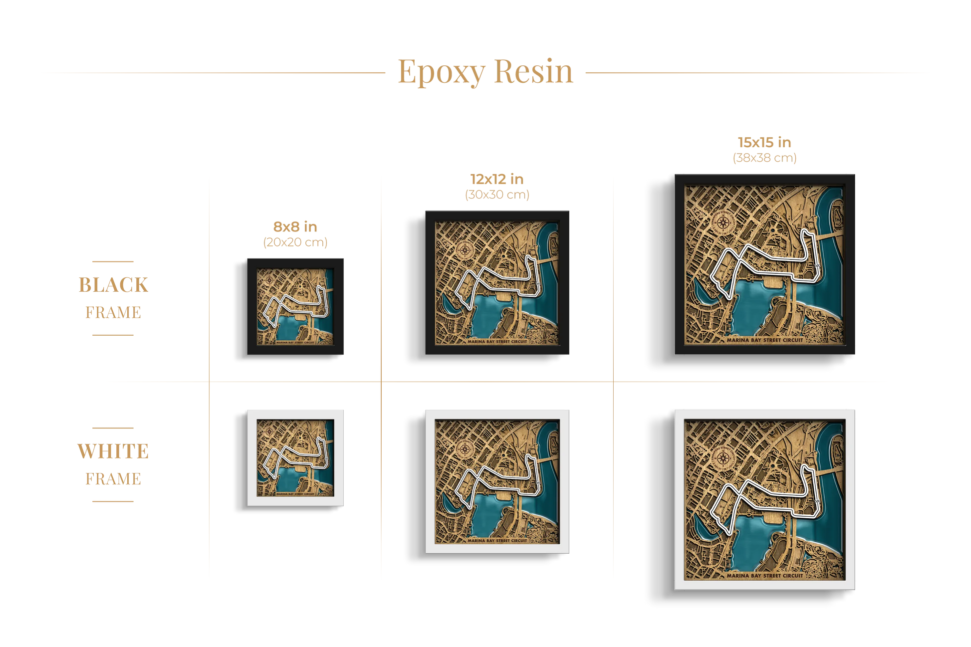 Marina Bay Street Circuit epoxy resin layered wooden racetrack wall art shown in 8_8, 12_12 and 15_15 inch sizes with black and white frame options.