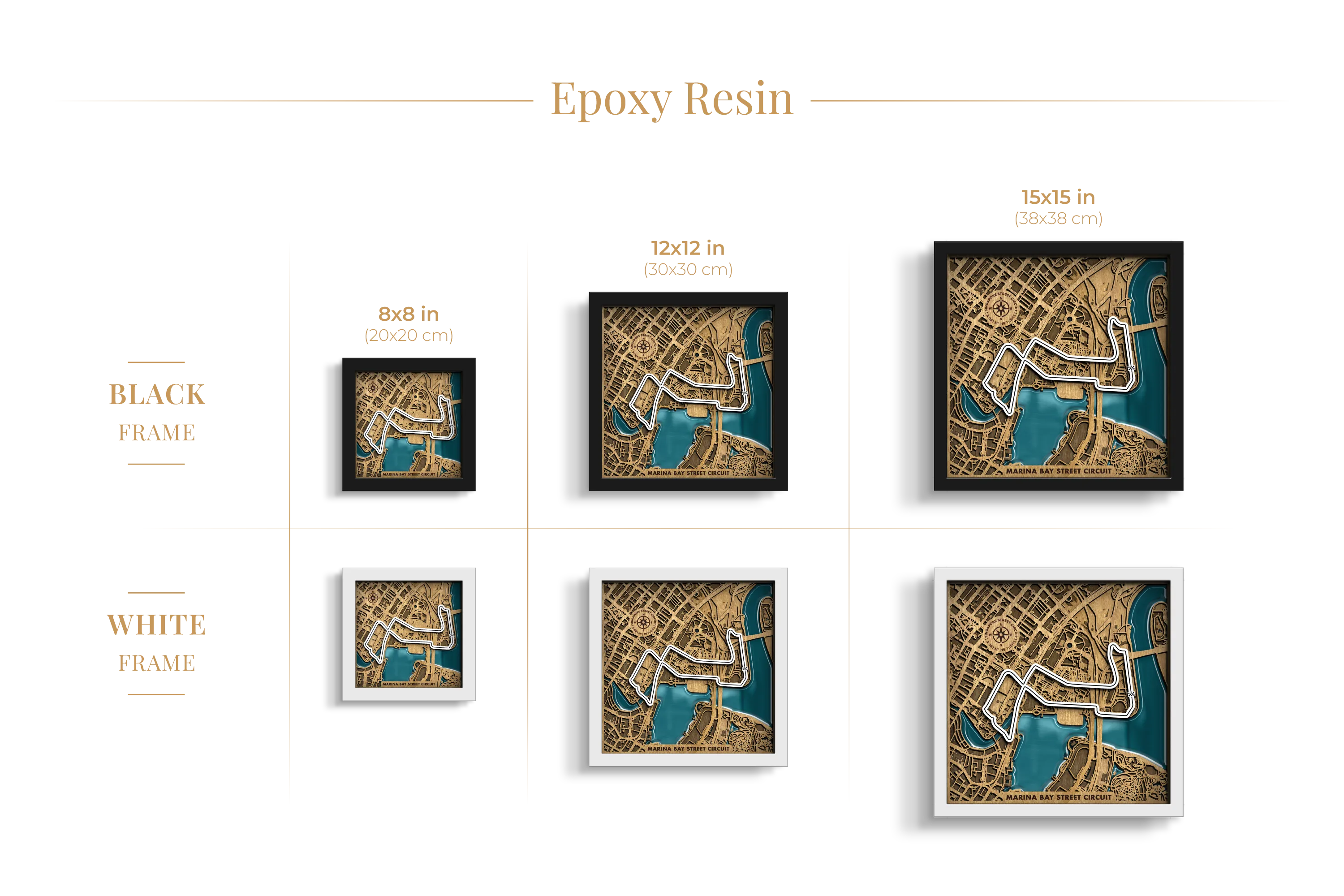 Marina Bay Street Circuit epoxy resin layered wooden racetrack wall art shown in 8_8, 12_12 and 15_15 inch sizes with black and white frame options.