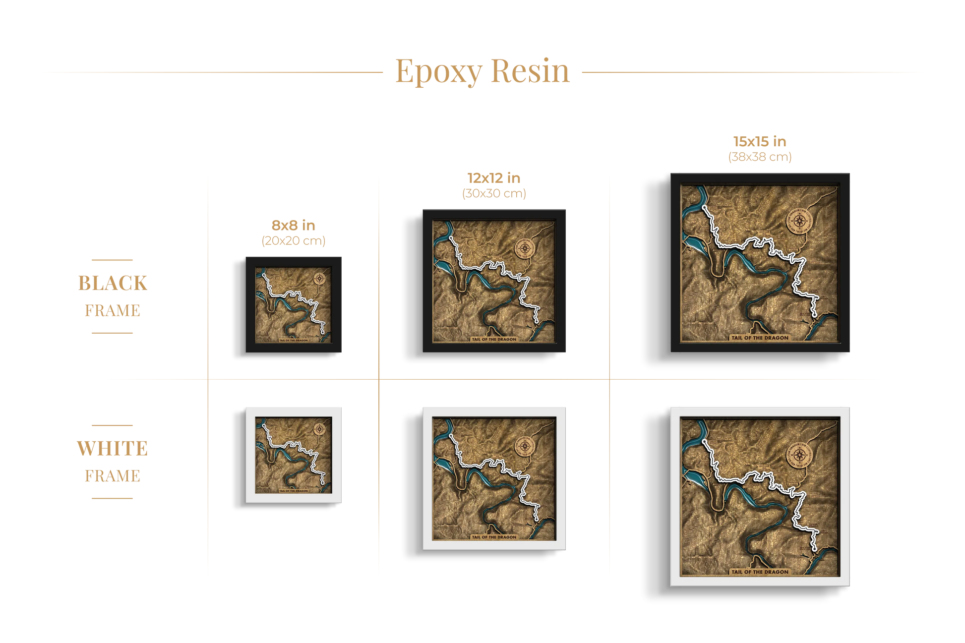 Tail of the Dragon epoxy resin layered wooden wall art shown in 8_8, 12_12 and 15_15 inch sizes with black and white frame options.