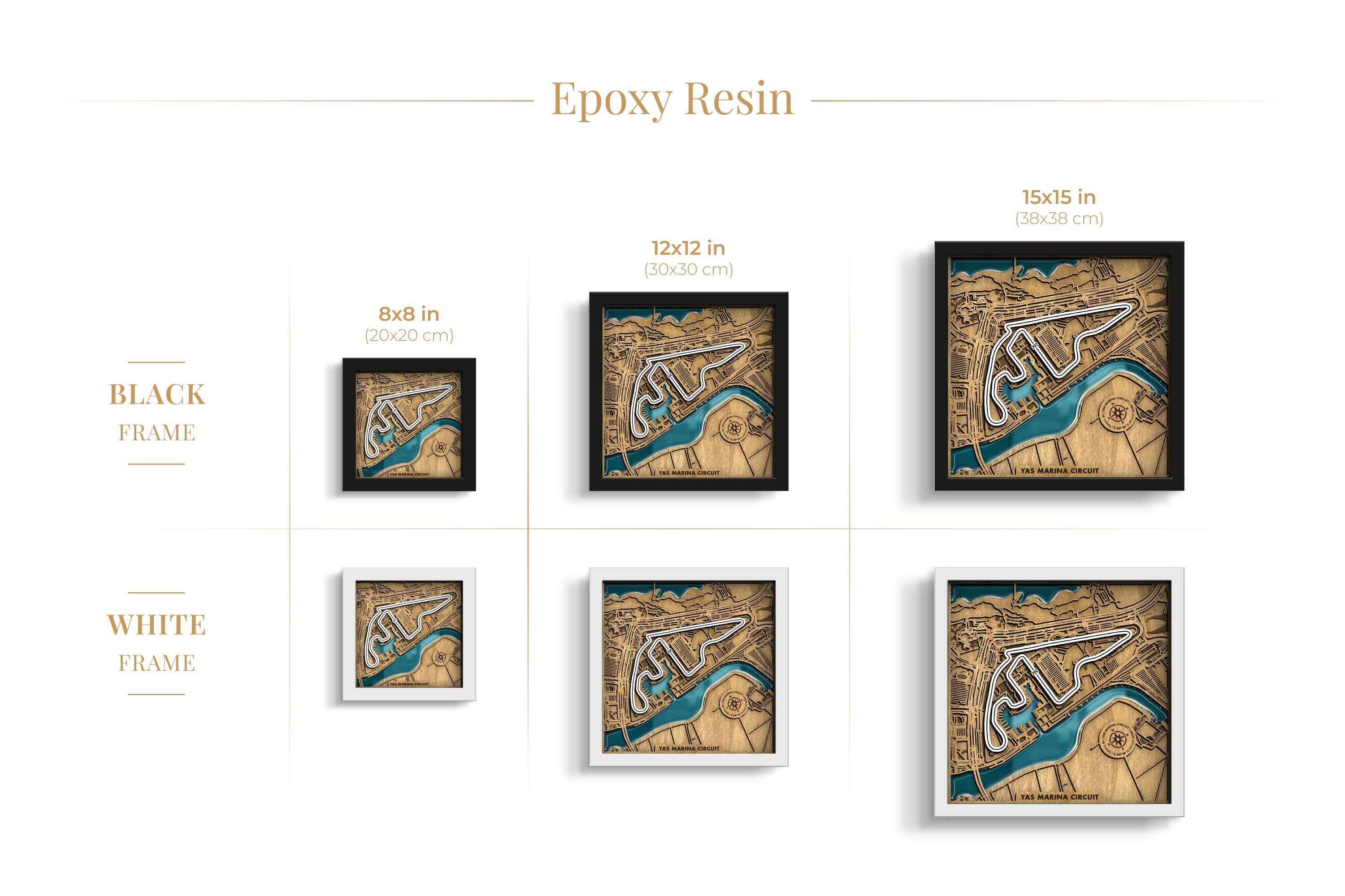 Yas Marina Circuit epoxy resin layered wooden racetrack wall art shown in 8_8, 12_12 and 15_15 inch sizes with black and white frame options.