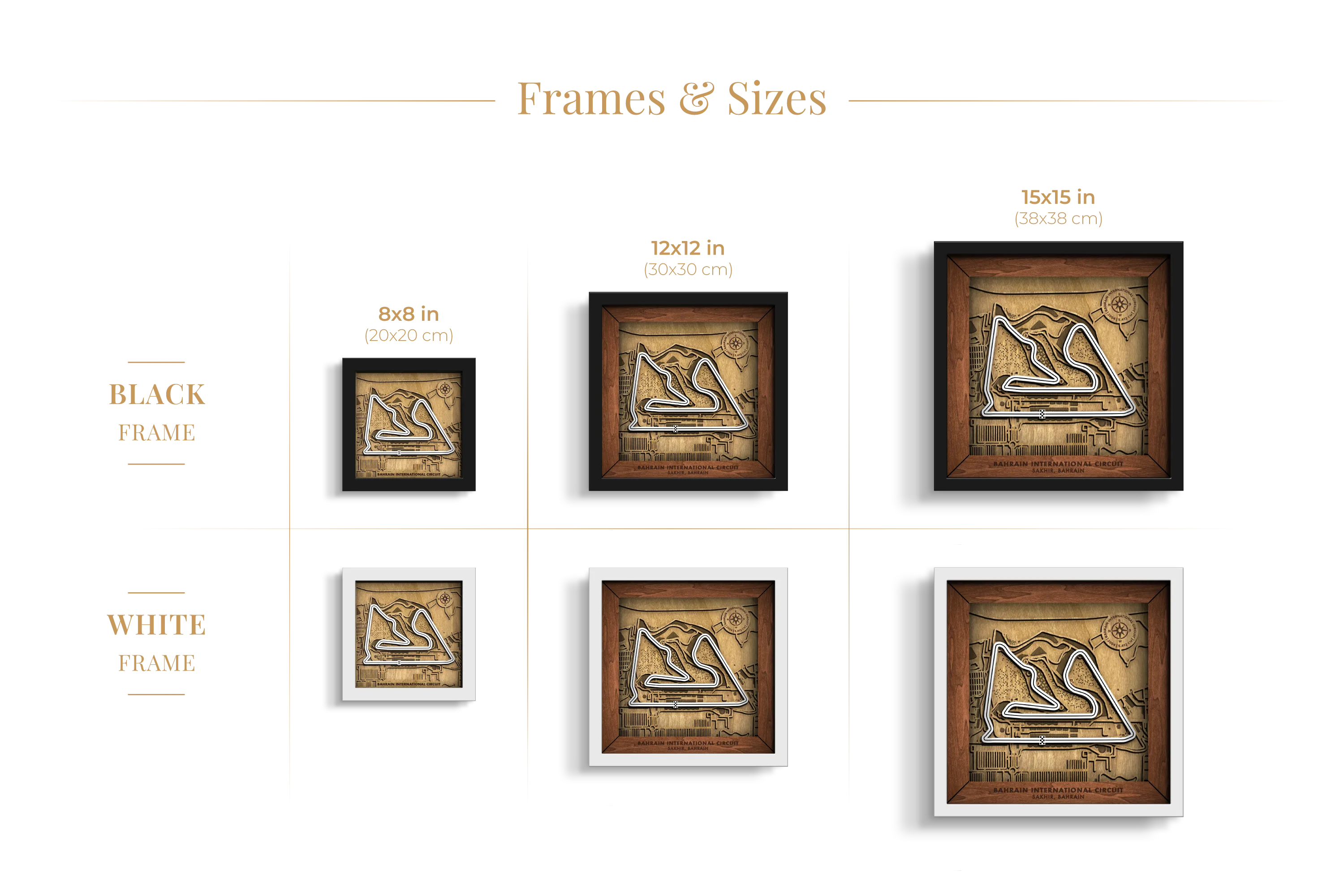 Bahrain International Circuit layered wooden racetrack wall art shown in 8_8, 12_12 and 15_15 inch sizes with black and white frame options.