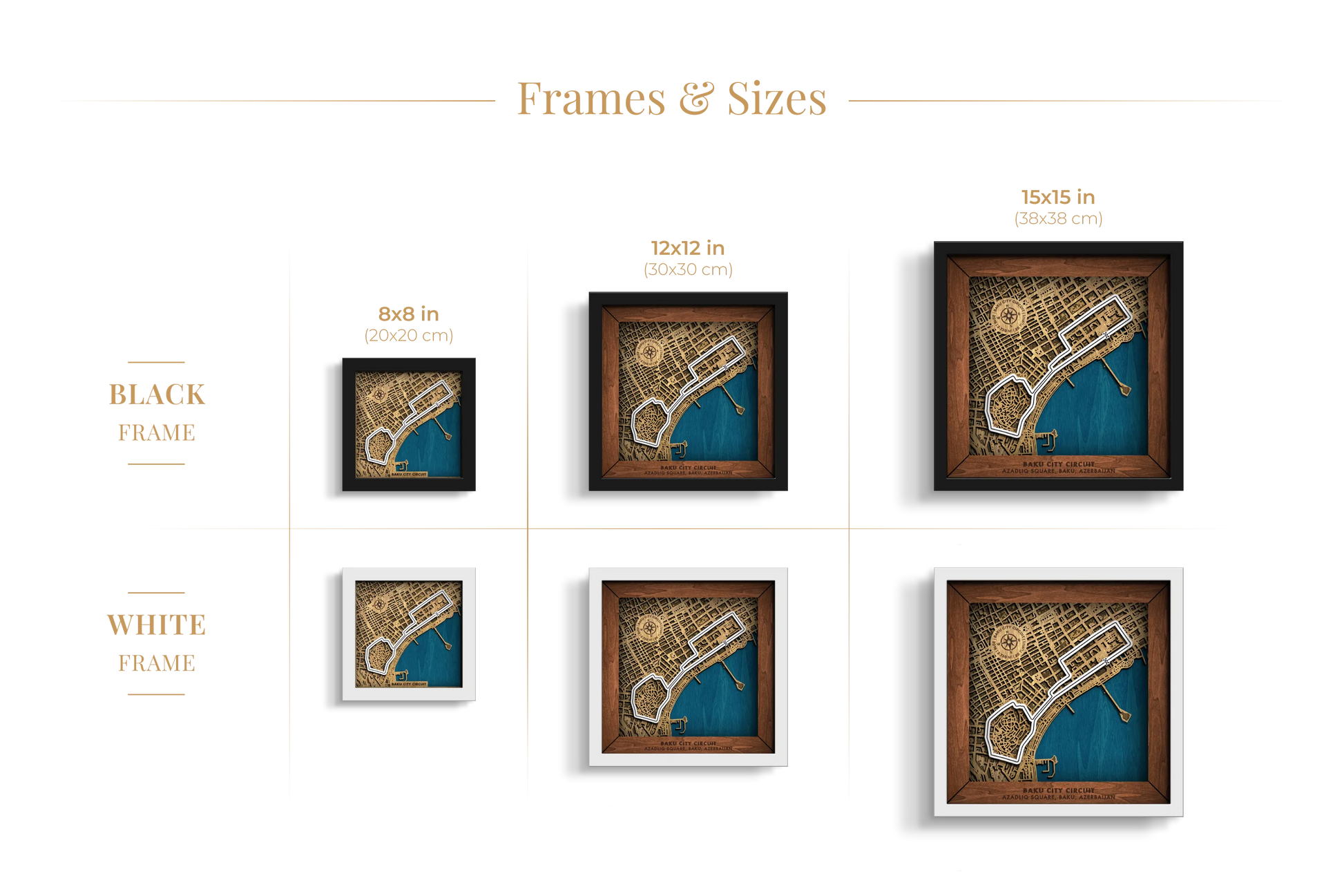 Baku City Circuit layered wooden racetrack wall art shown in 8_8, 12_12 and 15_15 inch sizes with black and white frame options.