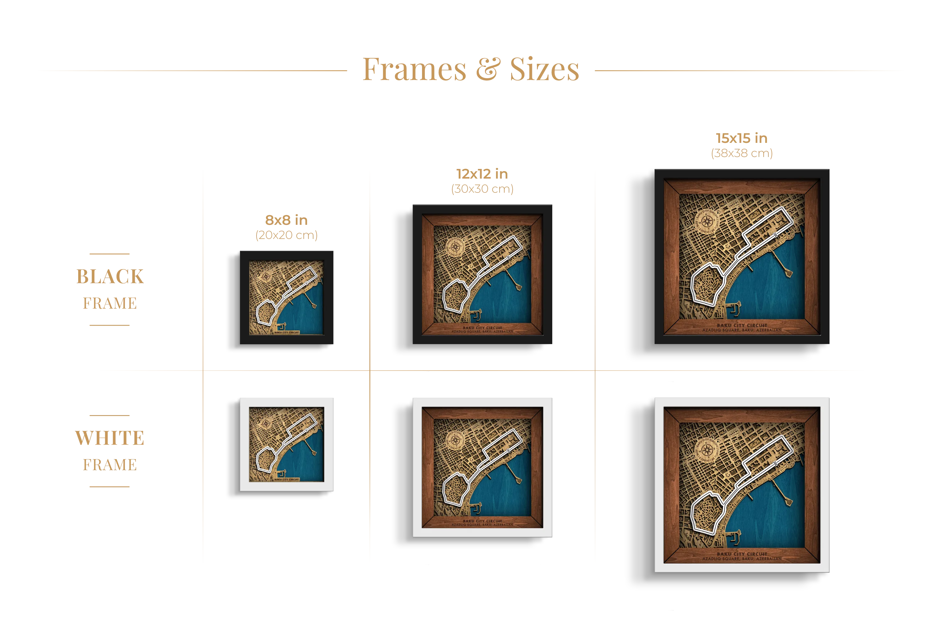 Baku City Circuit layered wooden racetrack wall art shown in 8_8, 12_12 and 15_15 inch sizes with black and white frame options.