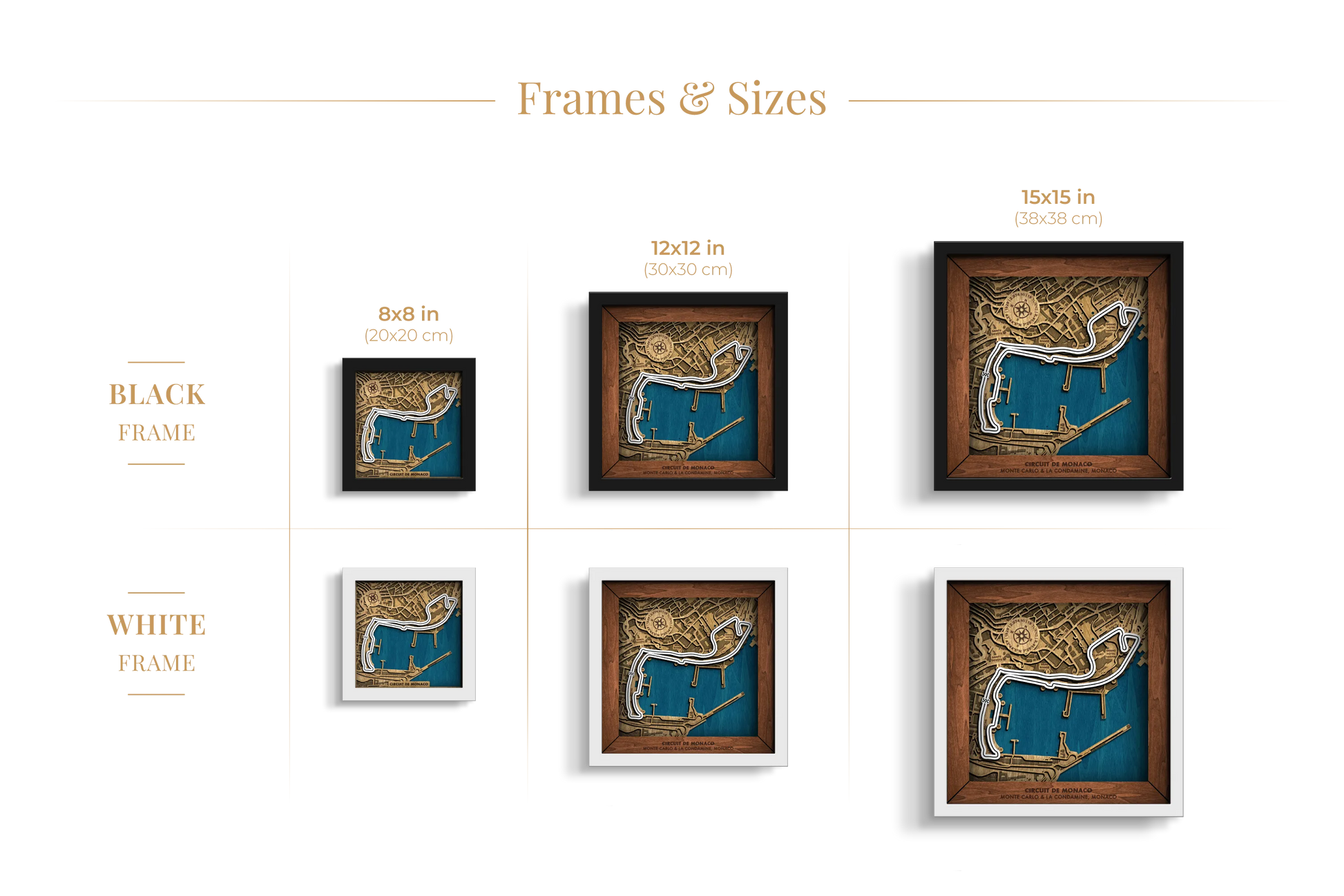 Circuit de Monaco layered wooden racetrack wall art shown in 8_8, 12_12 and 15_15 inch sizes with black and white frame options.