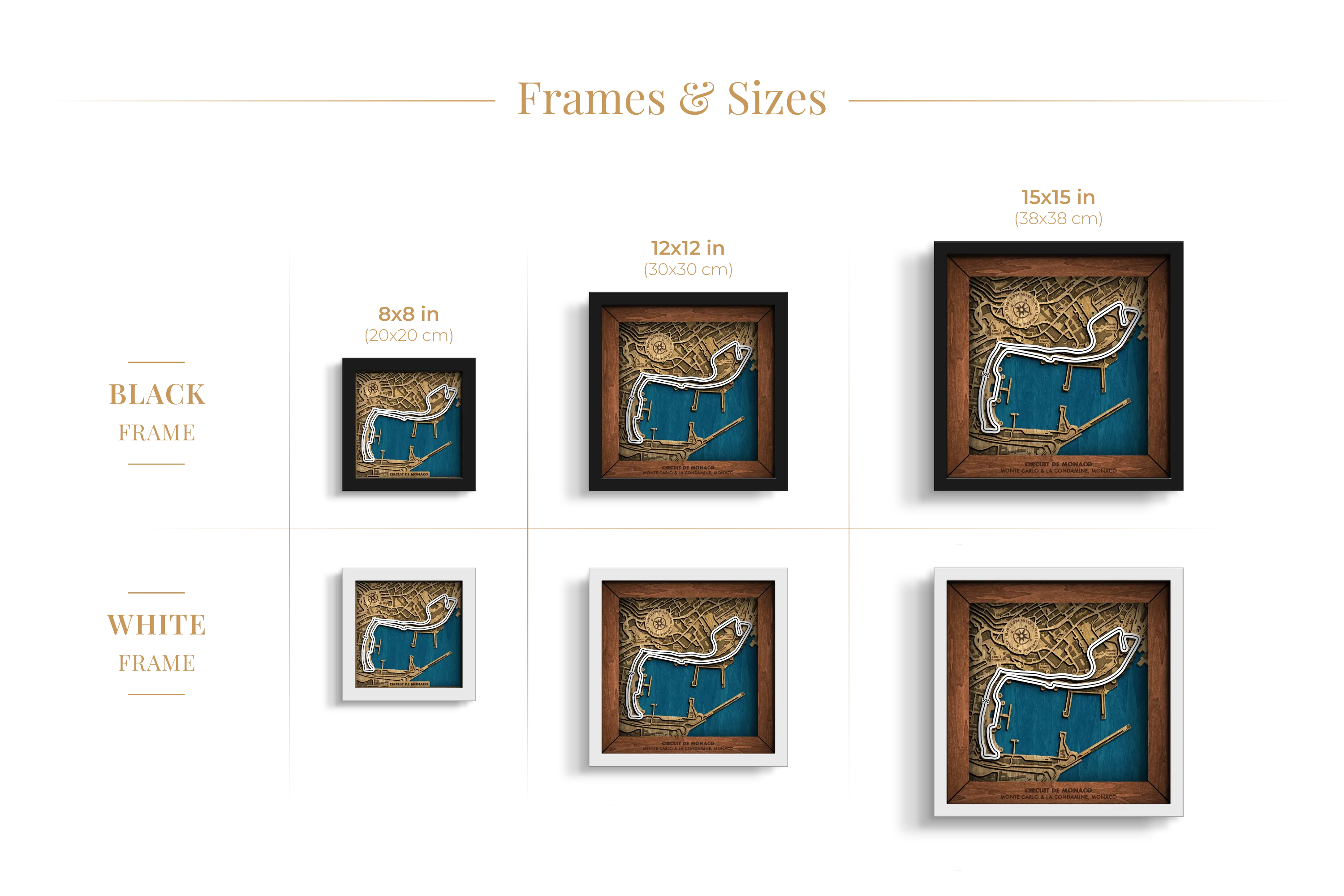Circuit de Monaco layered wooden racetrack wall art shown in 8_8, 12_12 and 15_15 inch sizes with black and white frame options.