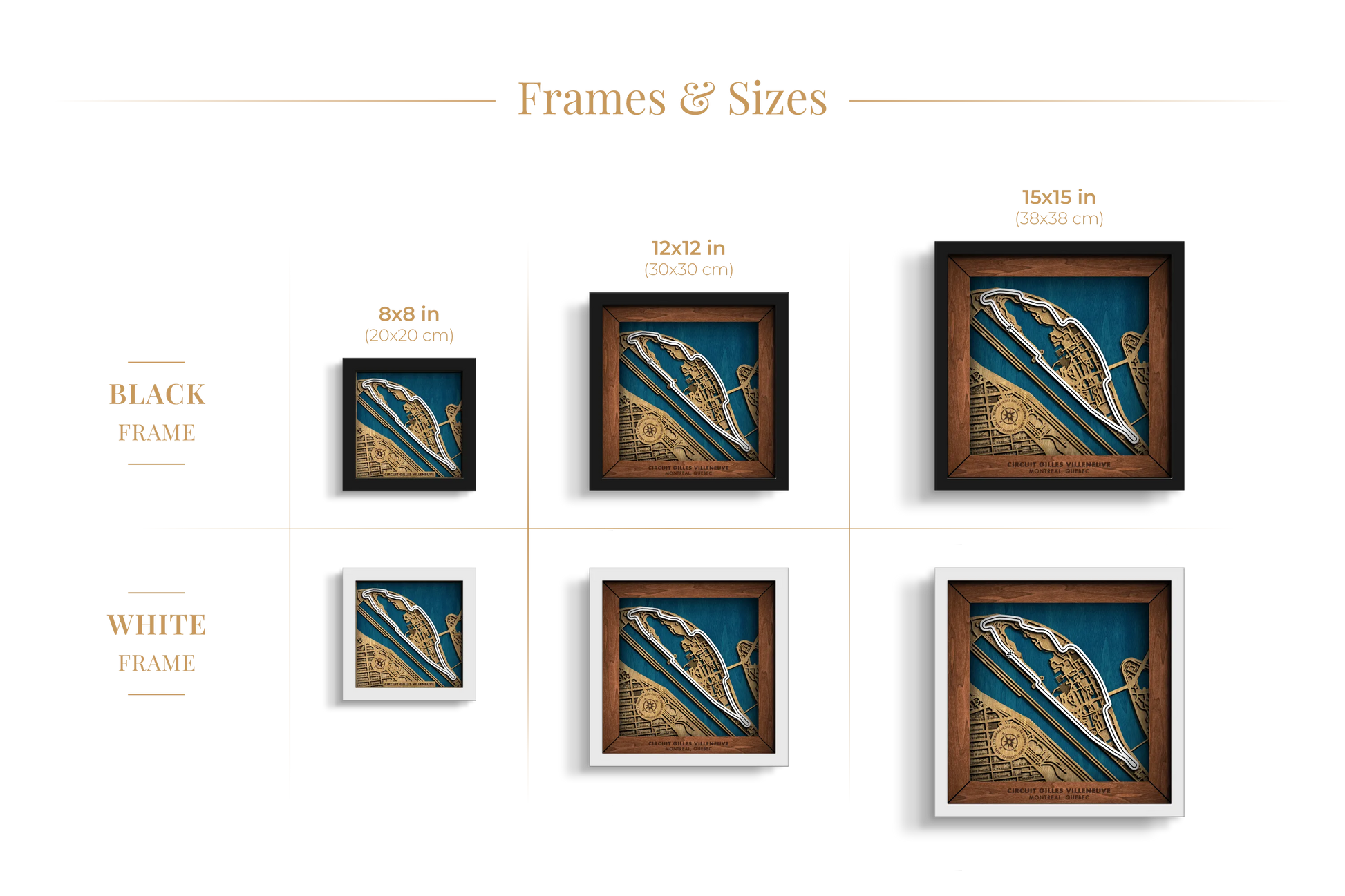 Circuit Gilles Villeneuve layered wooden racetrack wall art shown in 8_8, 12_12 and 15_15 inch sizes with black and white frame options.