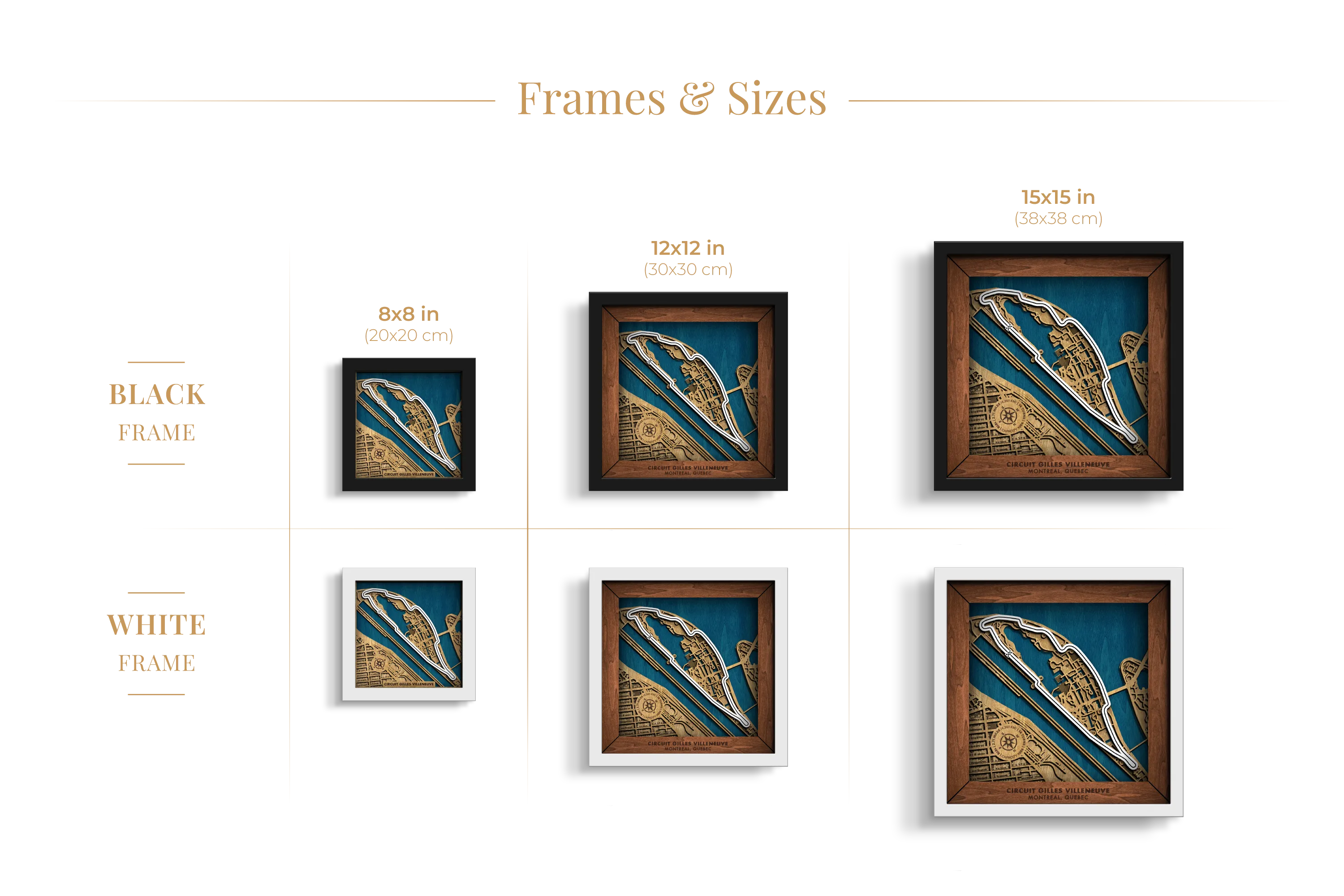 Circuit Gilles Villeneuve layered wooden racetrack wall art shown in 8_8, 12_12 and 15_15 inch sizes with black and white frame options.