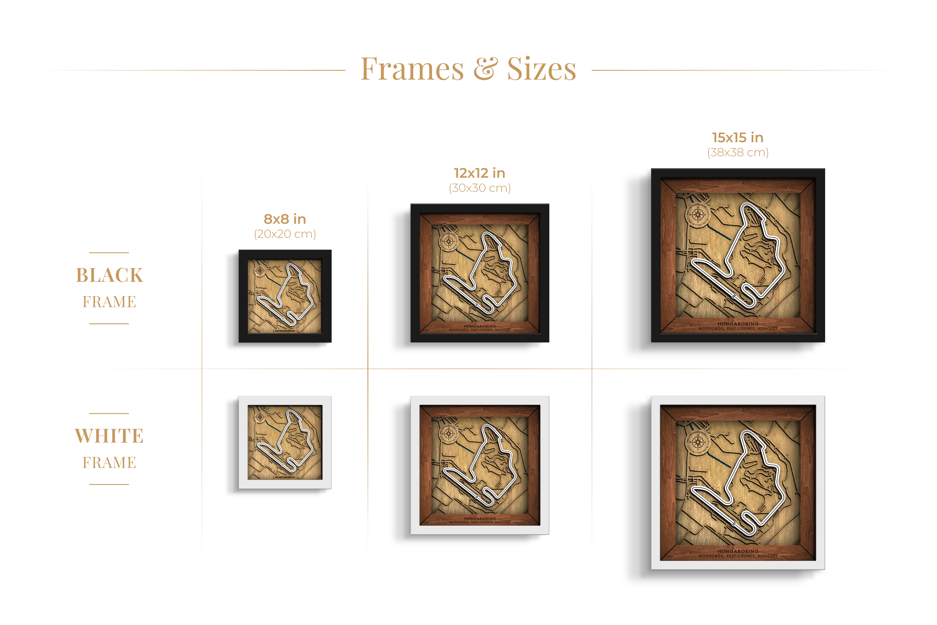 Hungaroring layered wooden racetrack wall art shown in 8_8, 12_12 and 15_15 inch sizes with black and white frame options.