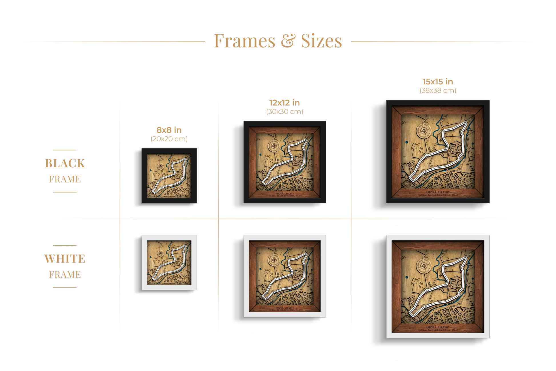 Autodromo Internazionale Enzo e Dino Ferrari layered wooden racetrack wall art shown in 8_8, 12_12 and 15_15 inch sizes with black and white frame options.