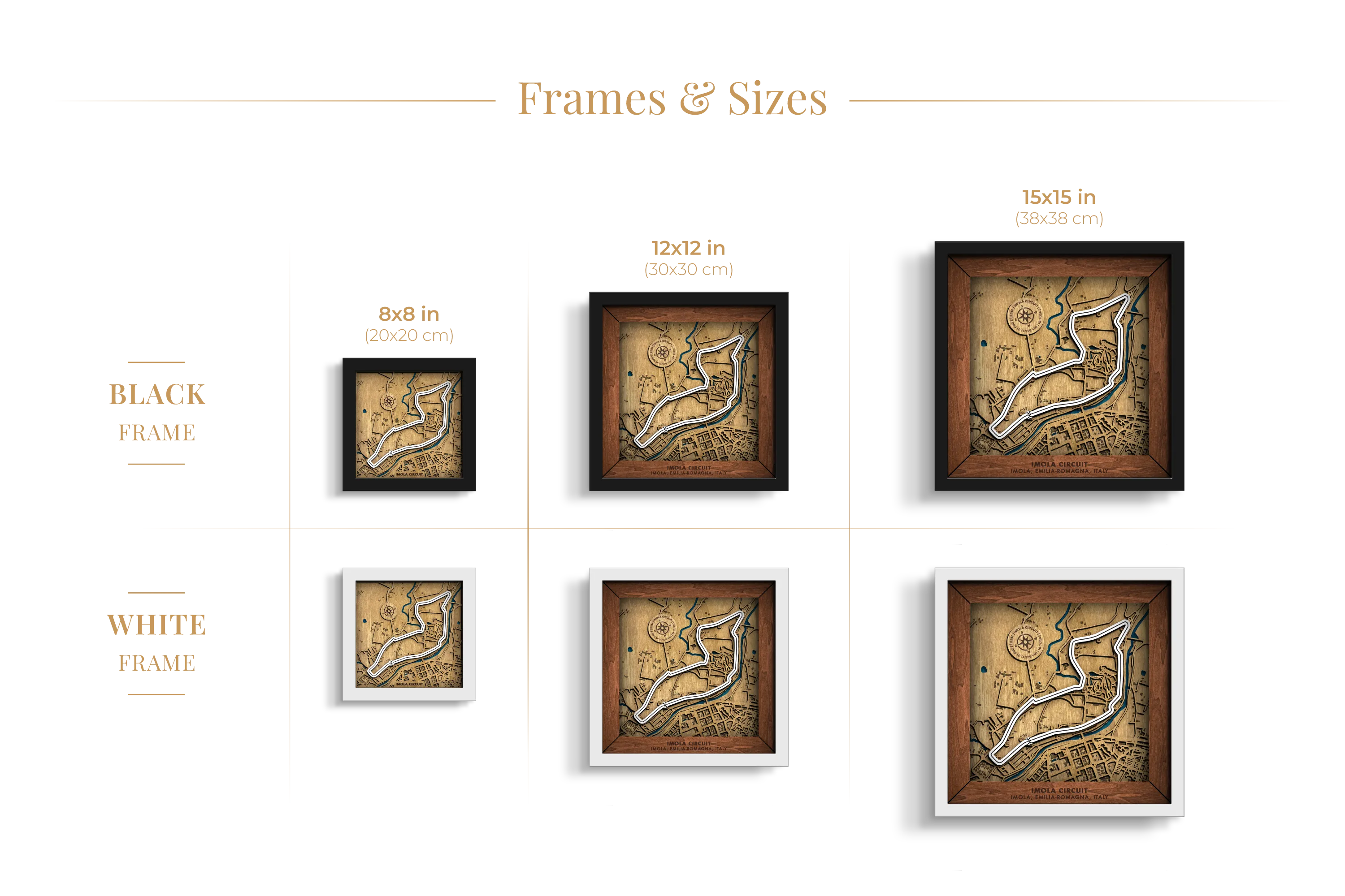 Autodromo Internazionale Enzo e Dino Ferrari layered wooden racetrack wall art shown in 8_8, 12_12 and 15_15 inch sizes with black and white frame options.