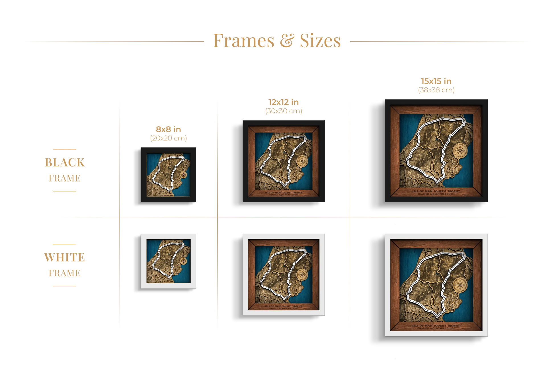 Isle of Man TT Course layered wooden racetrack wall art shown in 8_8, 12_12 and 15_15 inch sizes with black and white frame options.