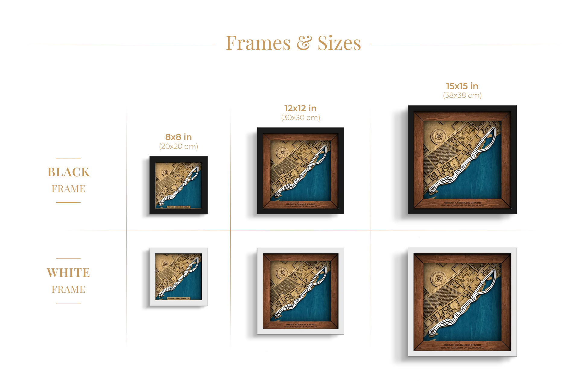 Jeddah Corniche Circuit layered wooden racetrack wall art shown in 8_8, 12_12 and 15_15 inch sizes with black and white frame options.