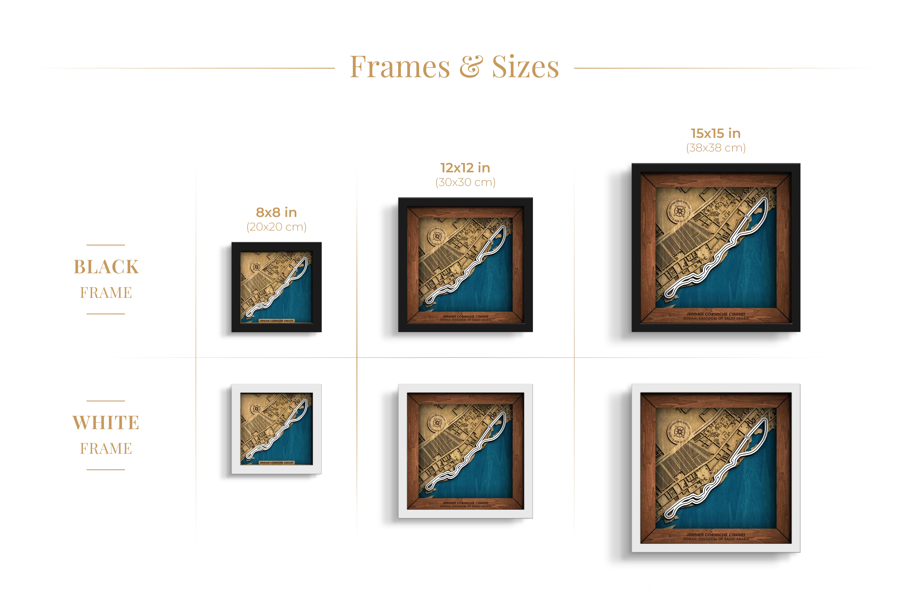 Jeddah Corniche Circuit layered wooden racetrack wall art shown in 8_8, 12_12 and 15_15 inch sizes with black and white frame options.