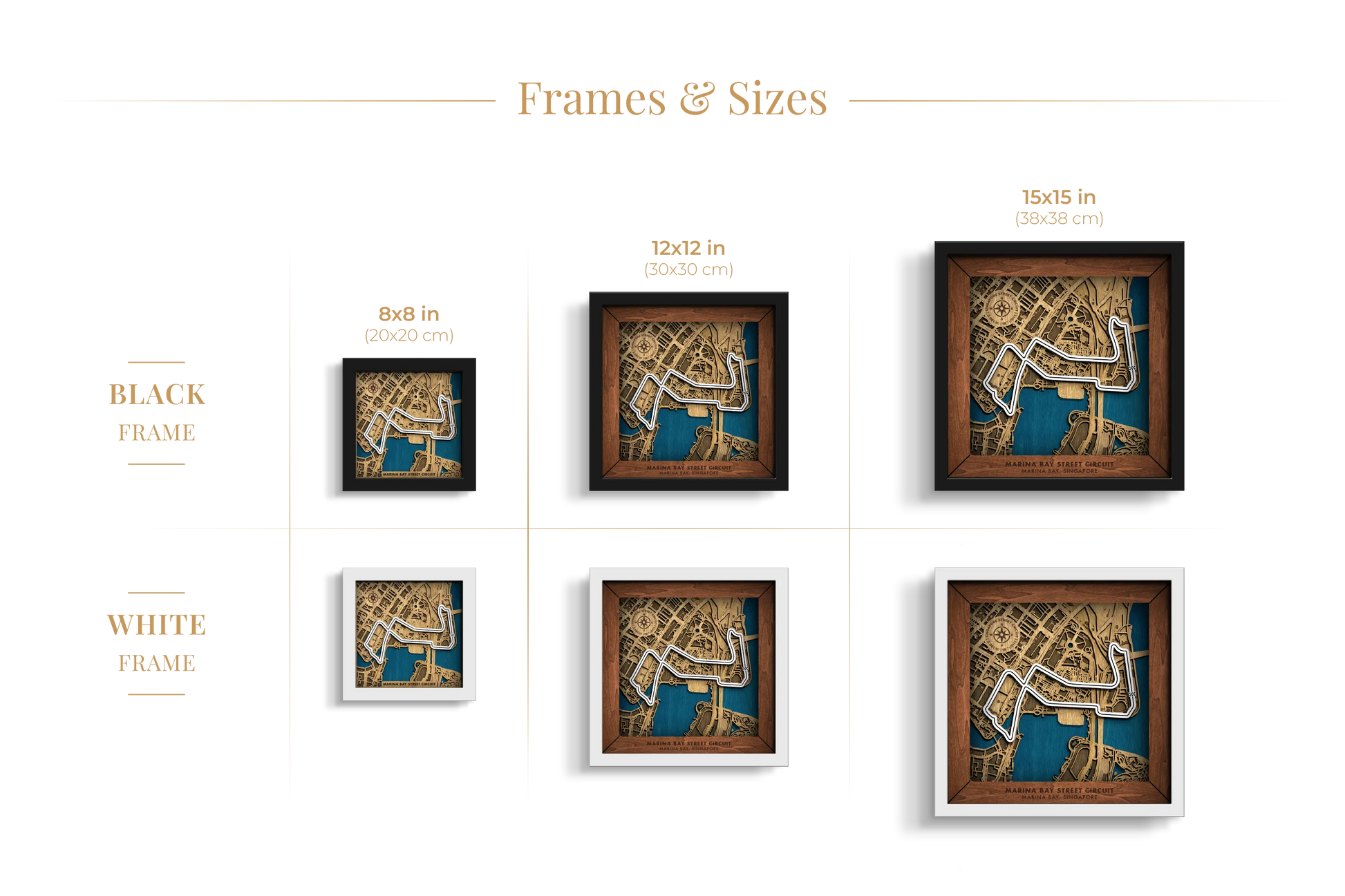 Marina Bay Street Circuit layered wooden racetrack wall art shown in 8_8, 12_12 and 15_15 inch sizes with black and white frame options.