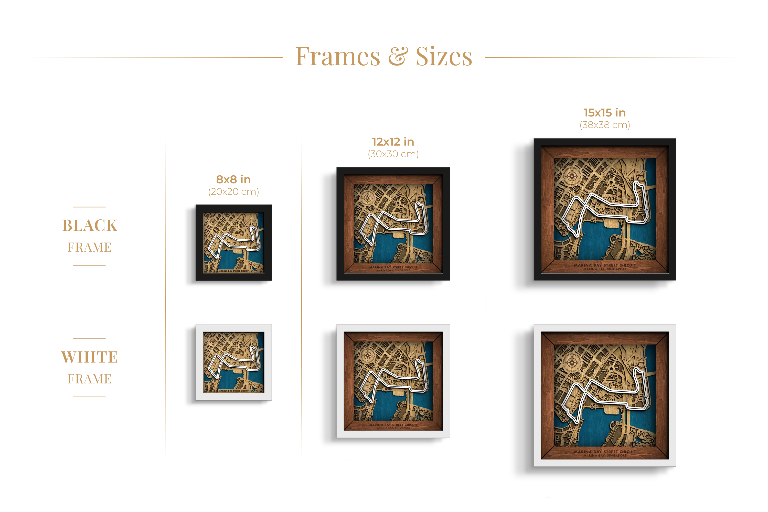 Marina Bay Street Circuit layered wooden racetrack wall art shown in 8_8, 12_12 and 15_15 inch sizes with black and white frame options.
