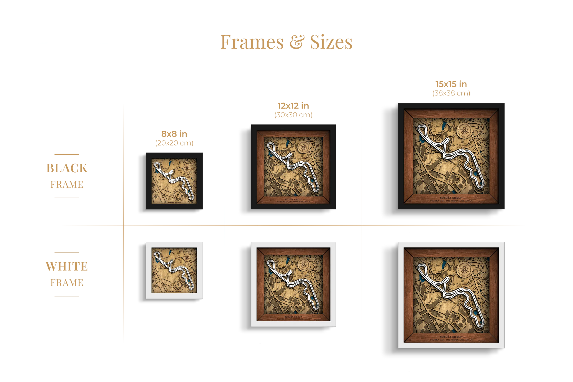Suzuka Circuit layered wooden racetrack wall art shown in 8_8, 12_12 and 15_15 inch sizes with black and white frame options.