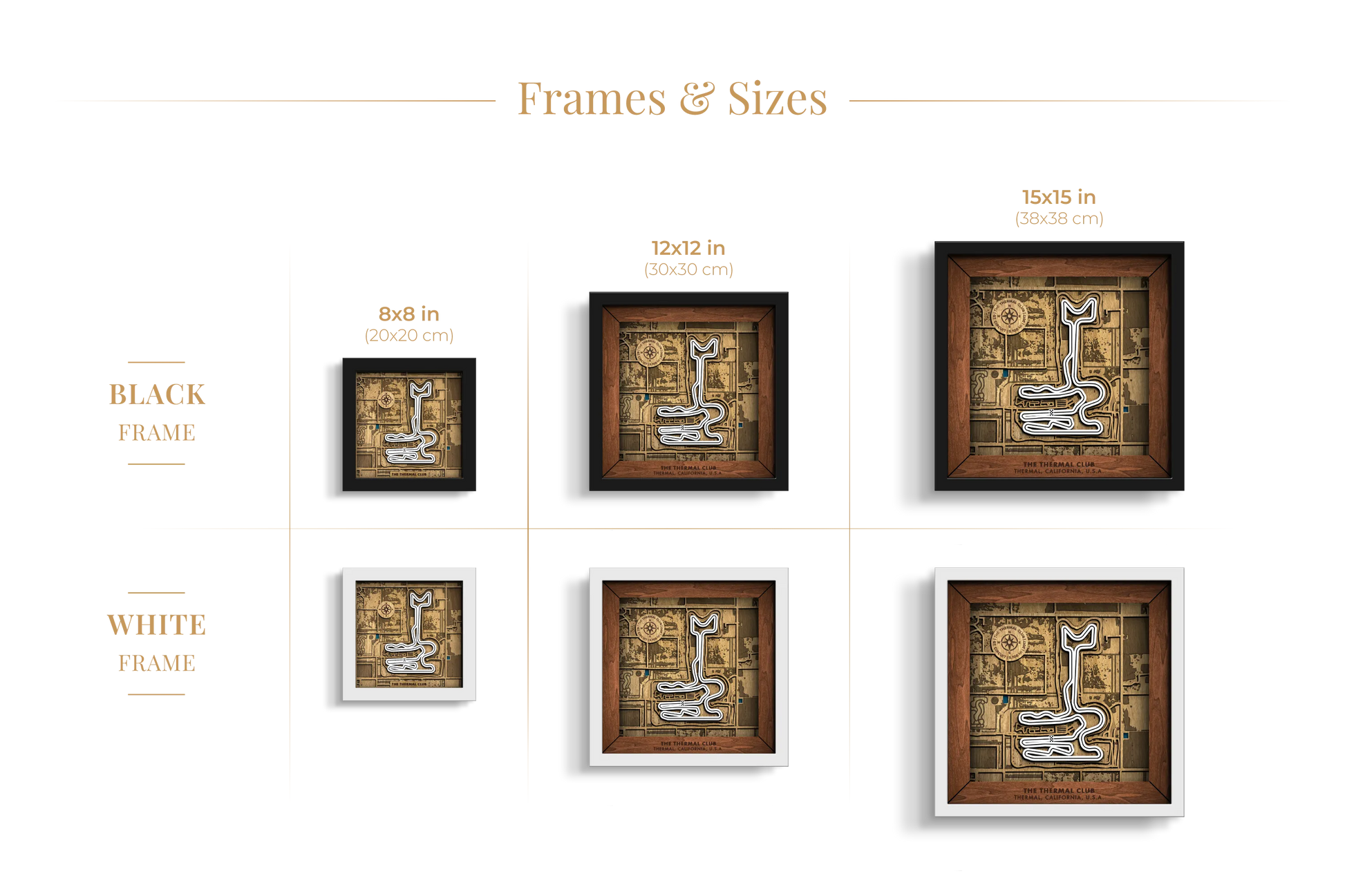 Thermal Club wooden wall art shown in 8_8, 12_12 and 15_15 inch sizes with black and white frames.