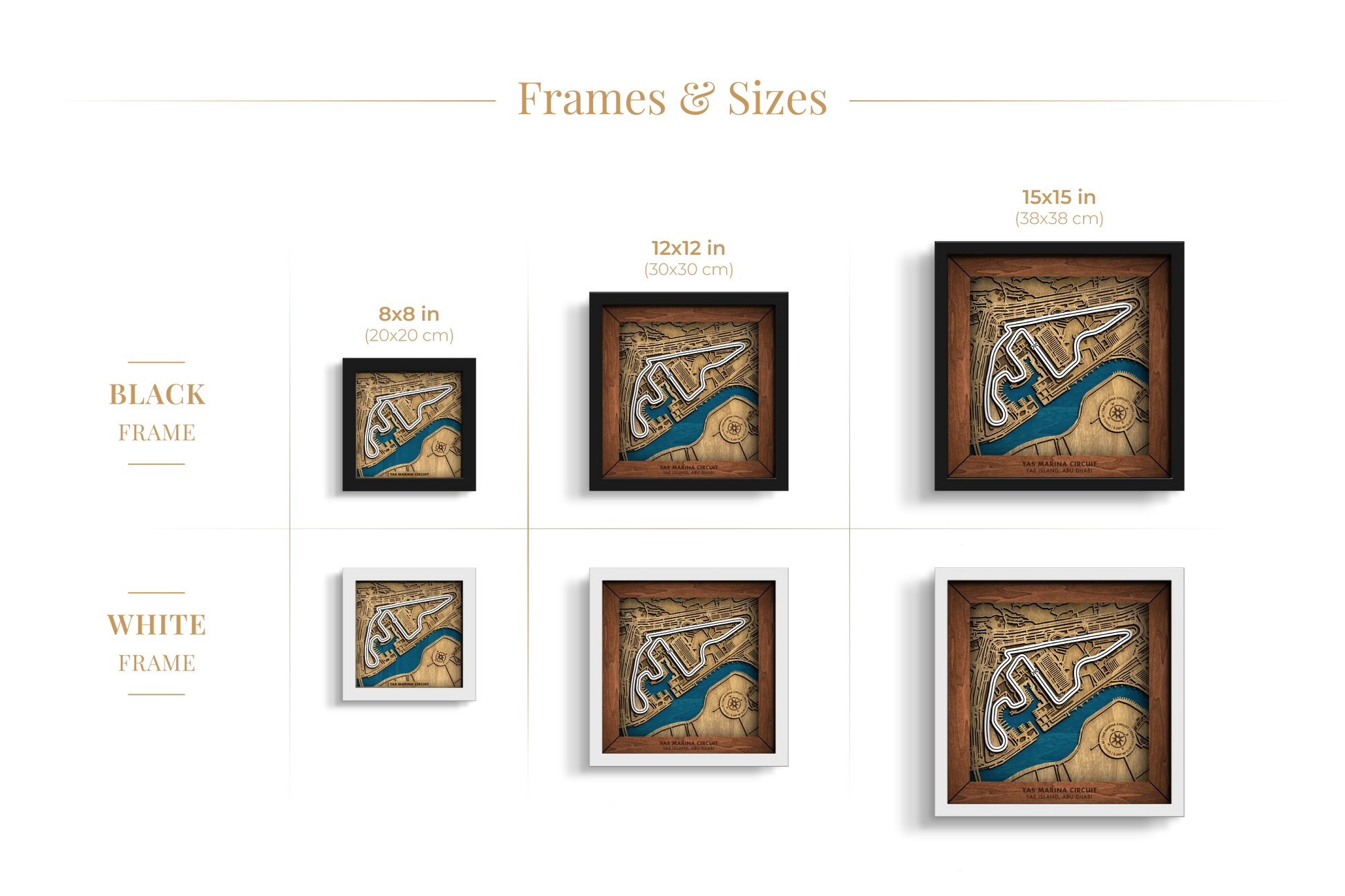 Yas Marina Circuit layered wooden racetrack wall art shown in 8_8, 12_12 and 15_15 inch sizes with black and white frame options.