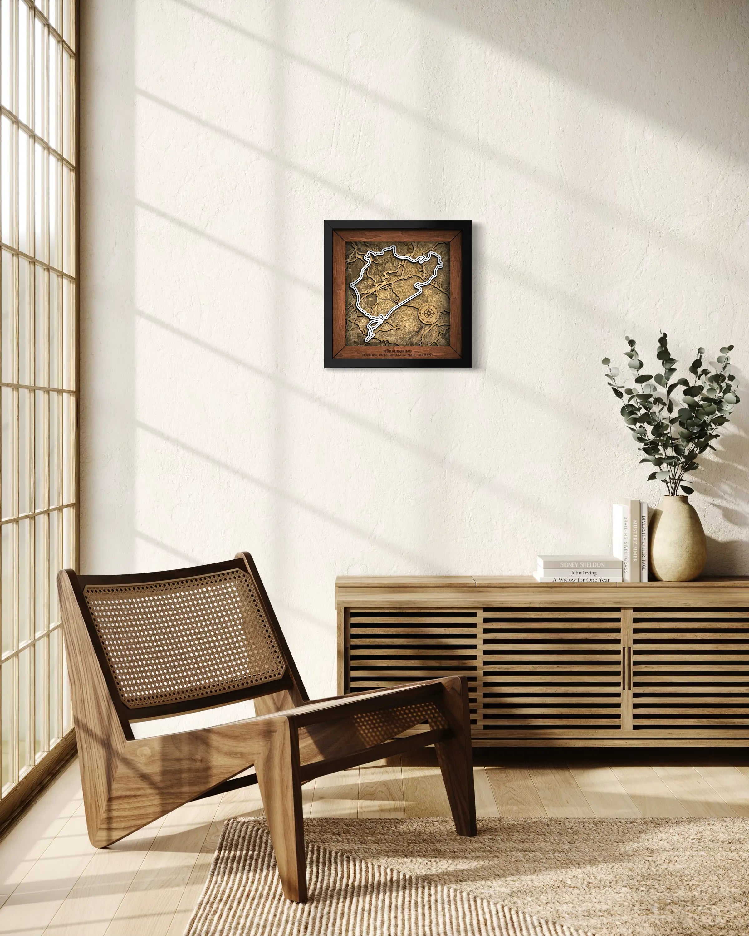 Handcrafted NŸrburgring Nordschleife layered wooden racetrack wall art displayed in a modern living room.