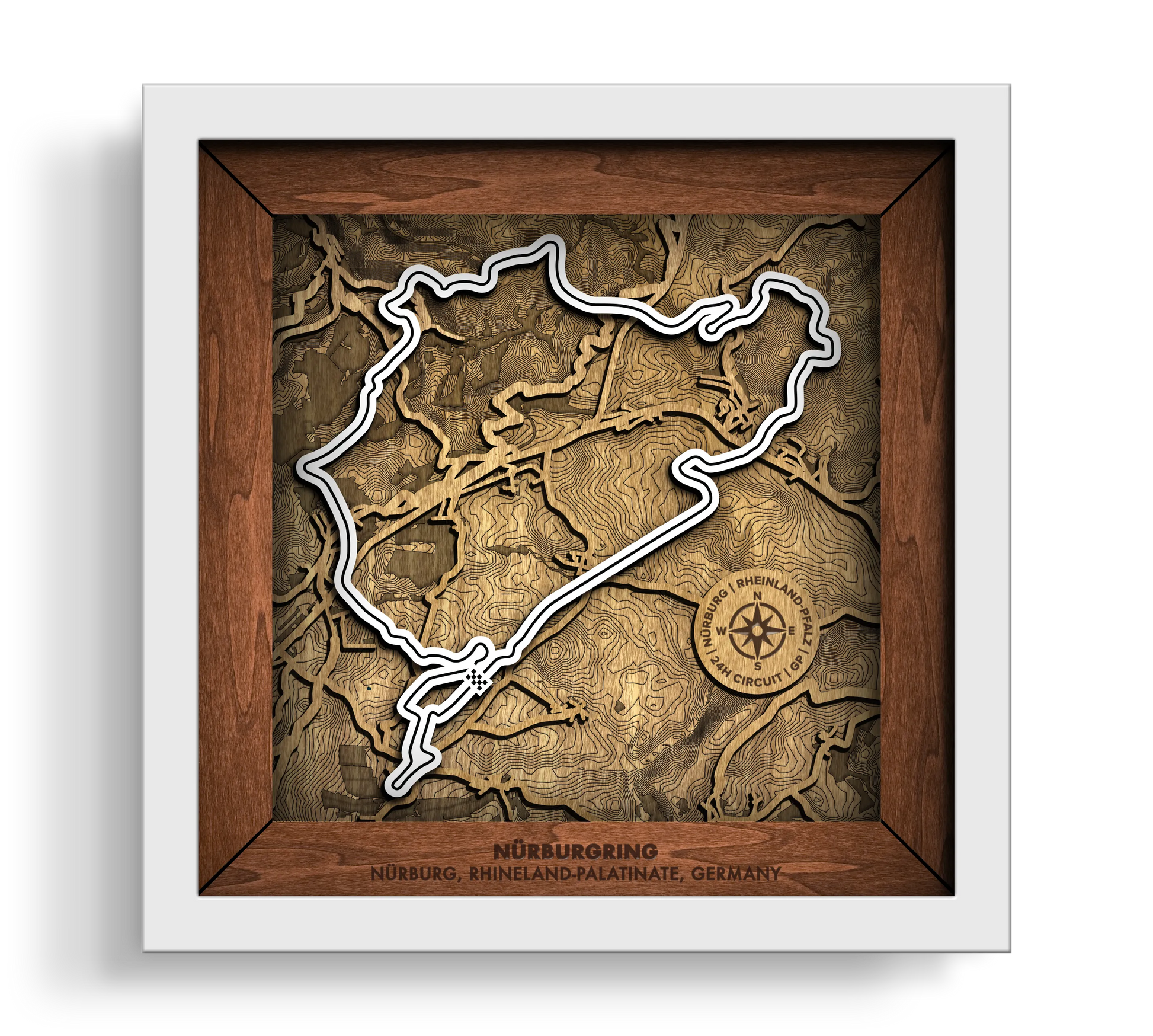 Handcrafted NŸrburgring Nordschleife layered wooden racetrack wall art in a white frame.