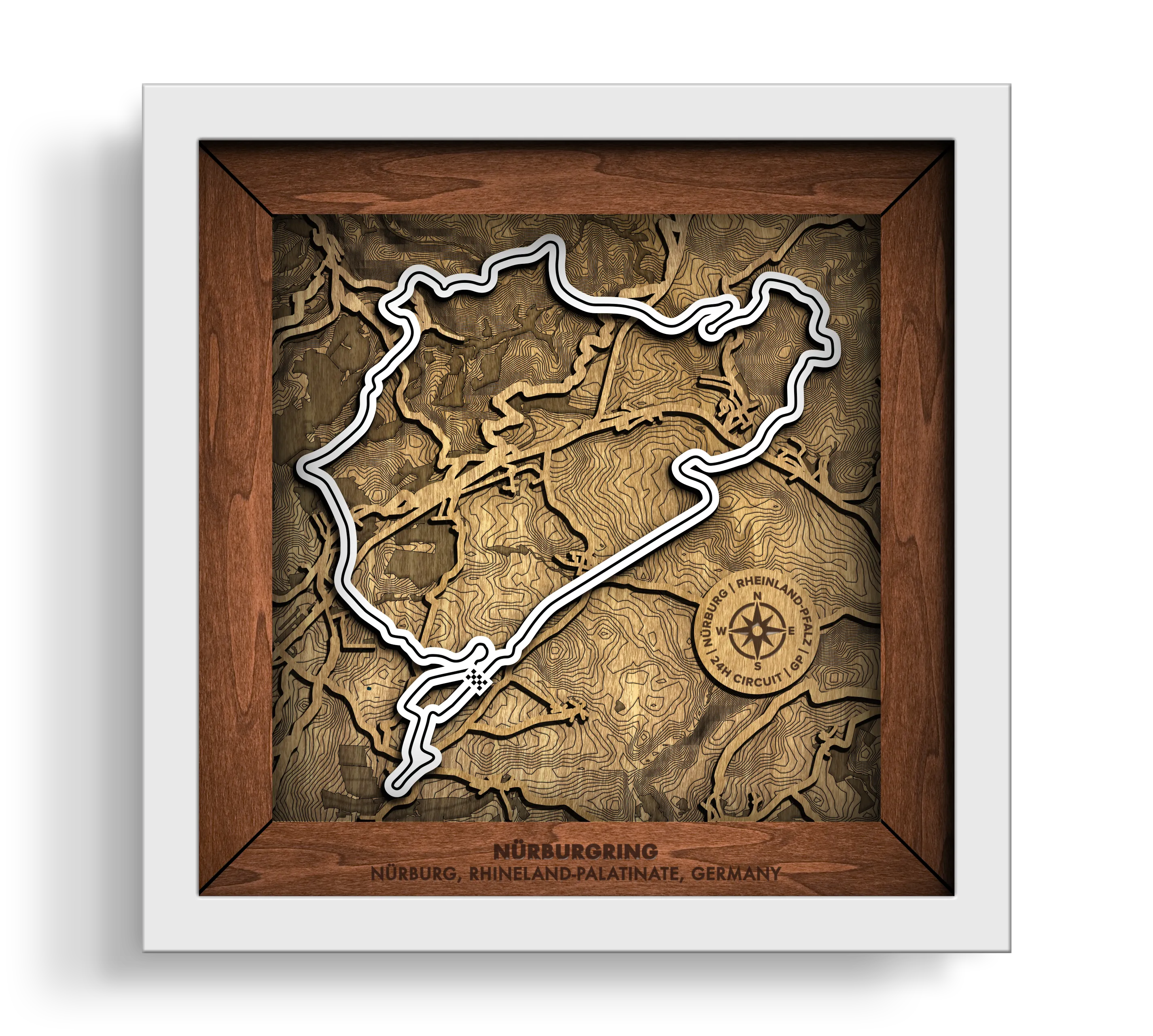 Handcrafted NŸrburgring Nordschleife layered wooden racetrack wall art in a white frame.