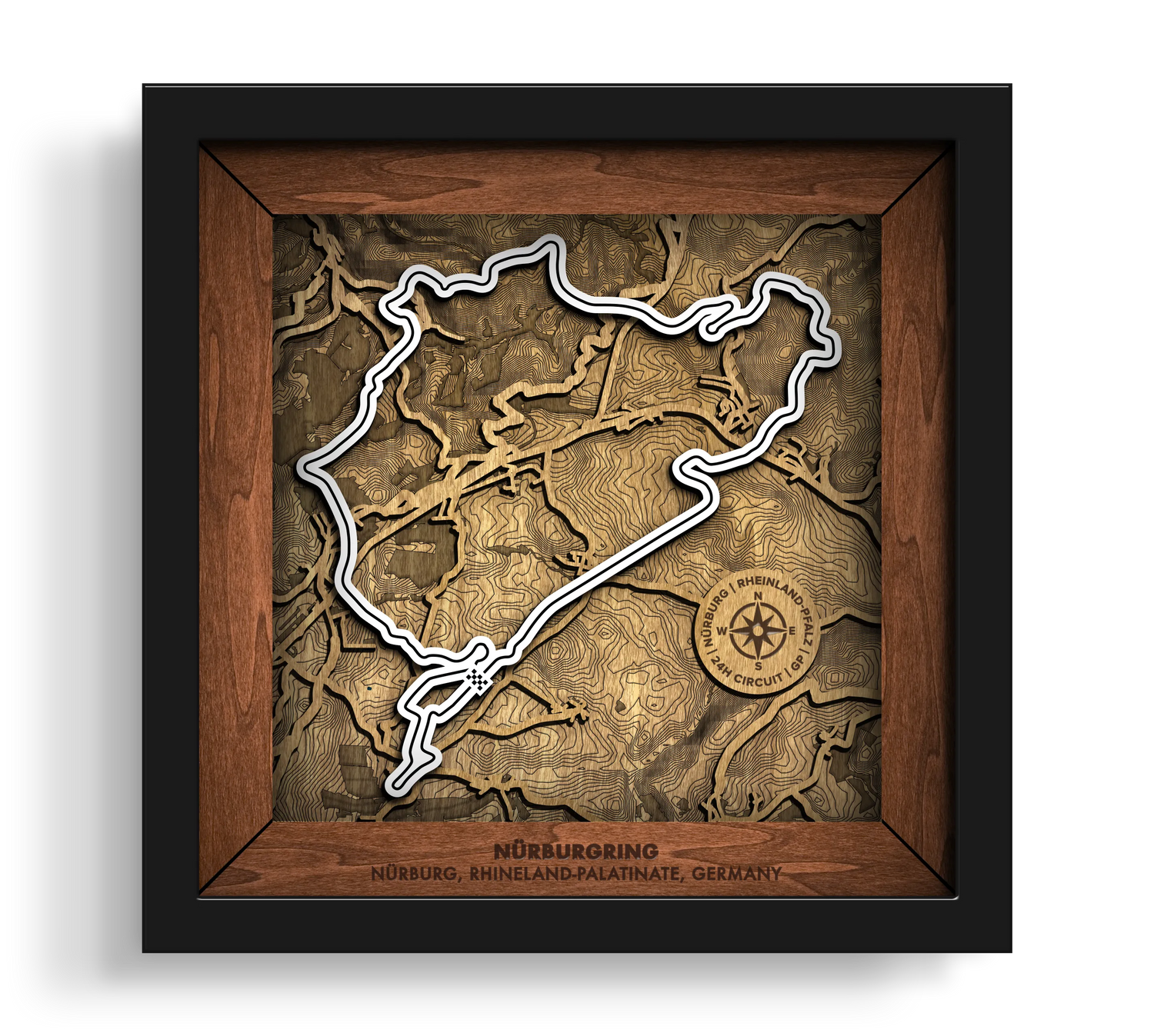Handcrafted NŸrburgring Nordschleife layered wooden racetrack wall art in a black frame.