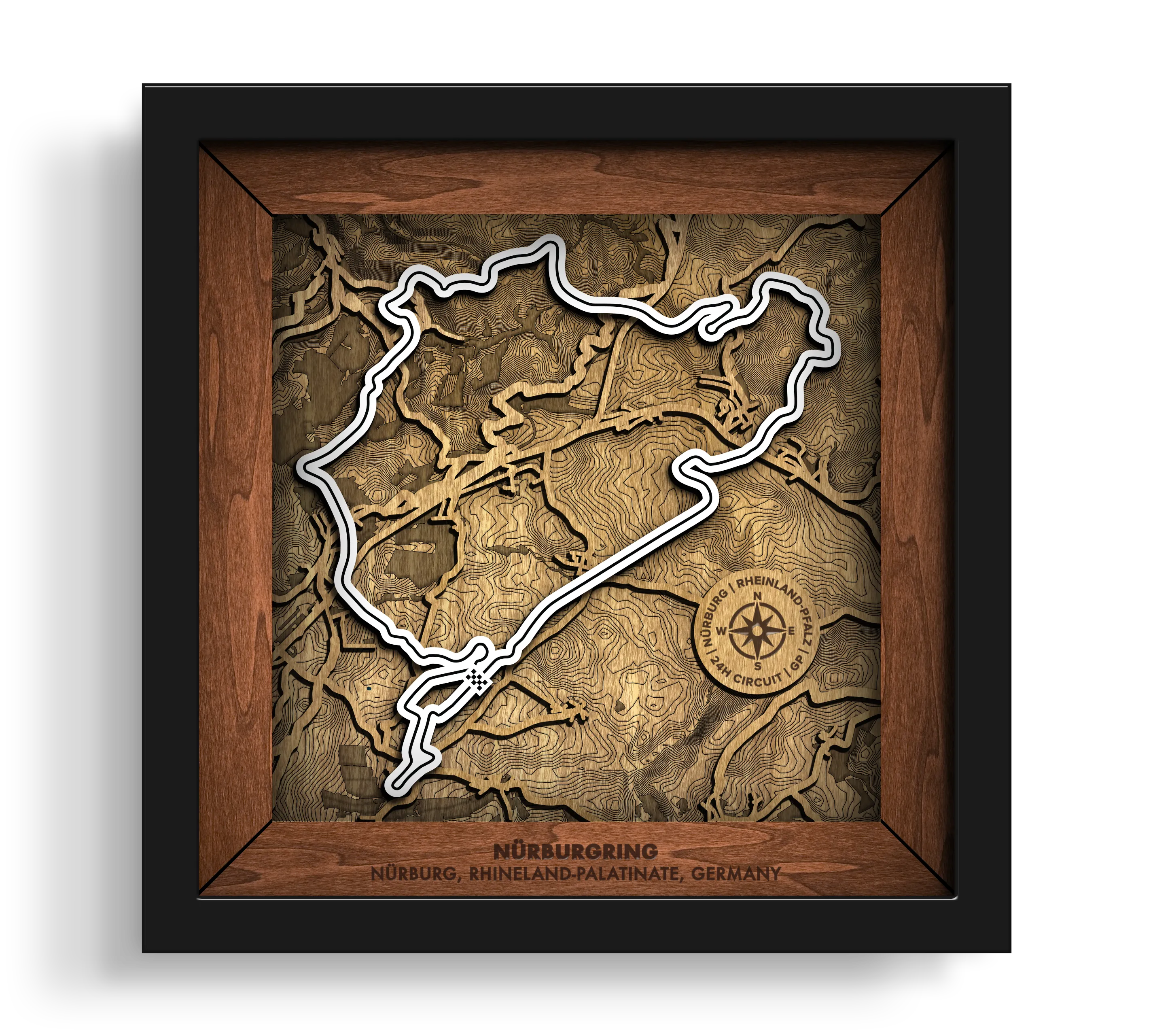 Handcrafted NŸrburgring Nordschleife layered wooden racetrack wall art in a black frame.