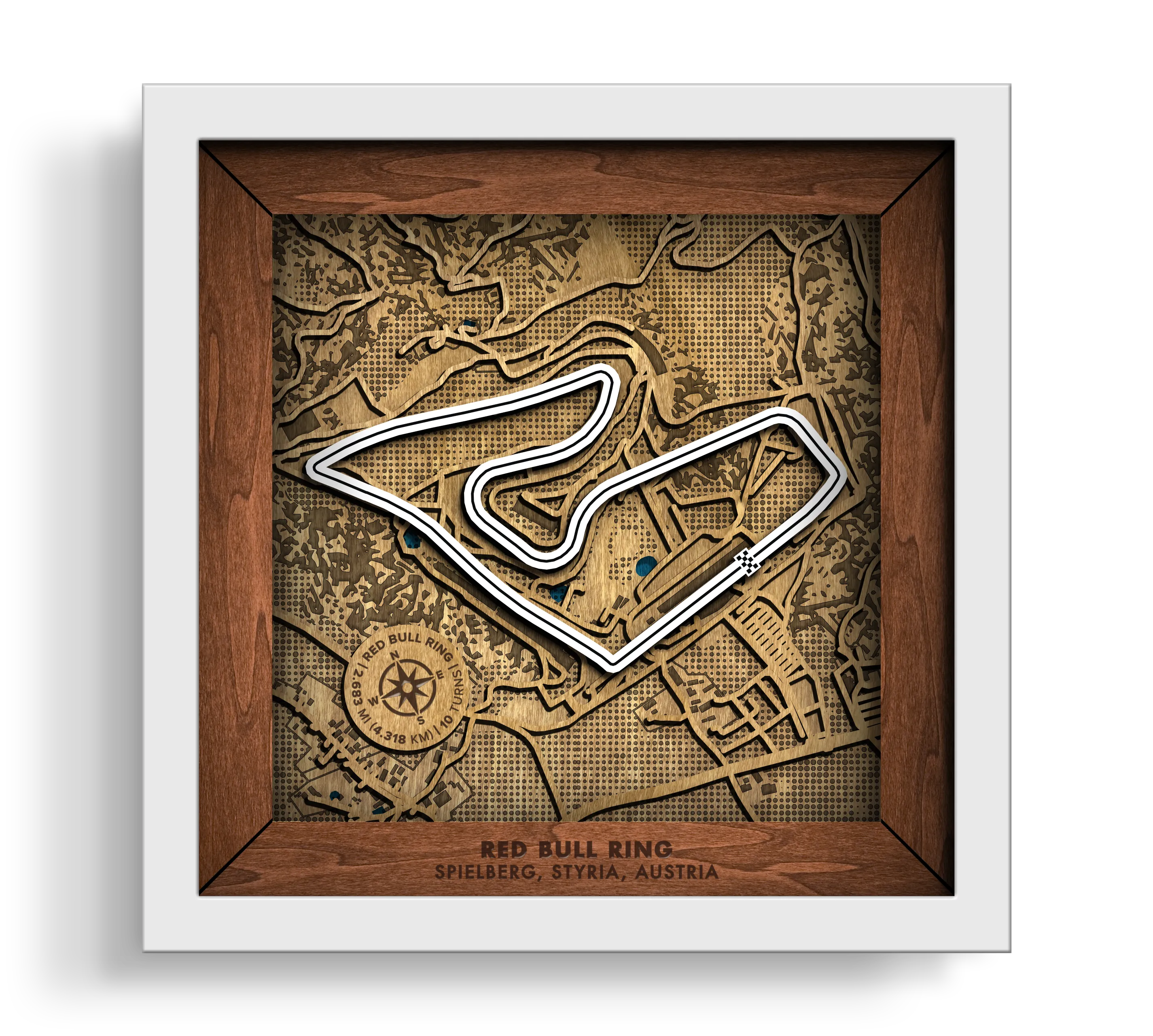 Handcrafted Red Bull Ring layered wooden racetrack wall art in a white frame.