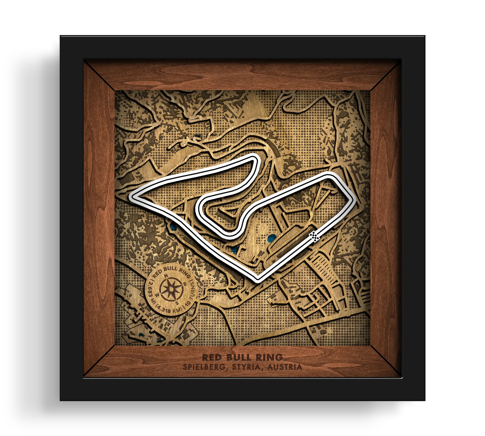 Handcrafted Red Bull Ring layered wooden racetrack wall art in a black frame.