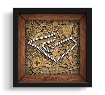 Handcrafted Red Bull Ring layered wooden racetrack wall art in a black frame.