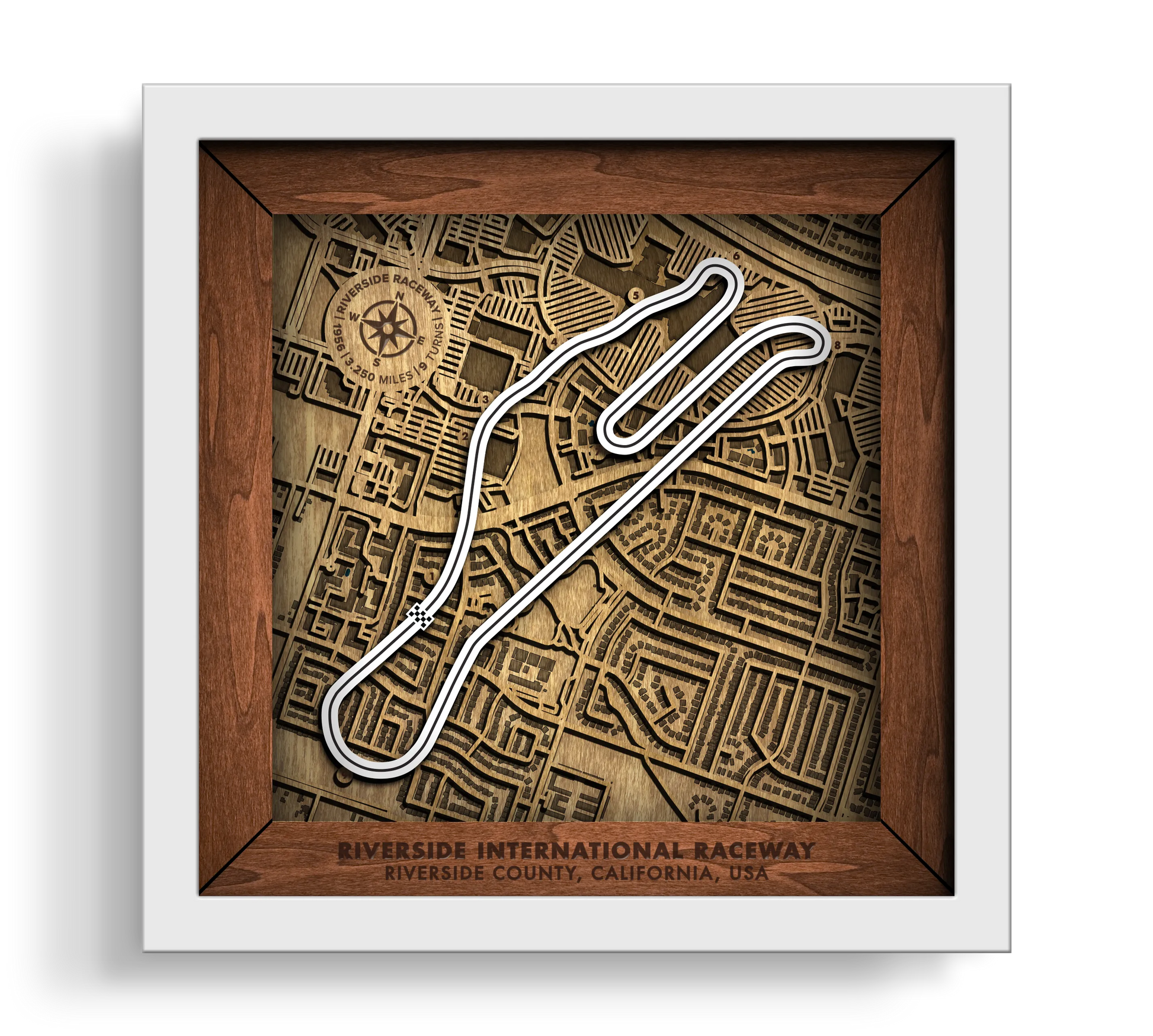 Handcrafted Riverside International Raceway layered wooden wall art in a white frame.