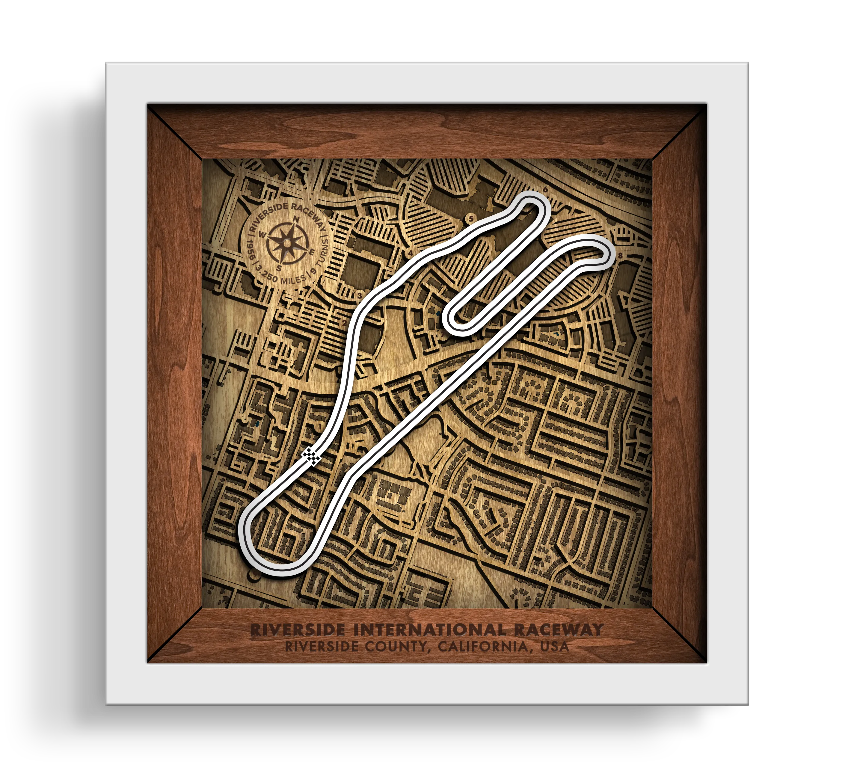 Handcrafted Riverside International Raceway layered wooden wall art in a white frame.