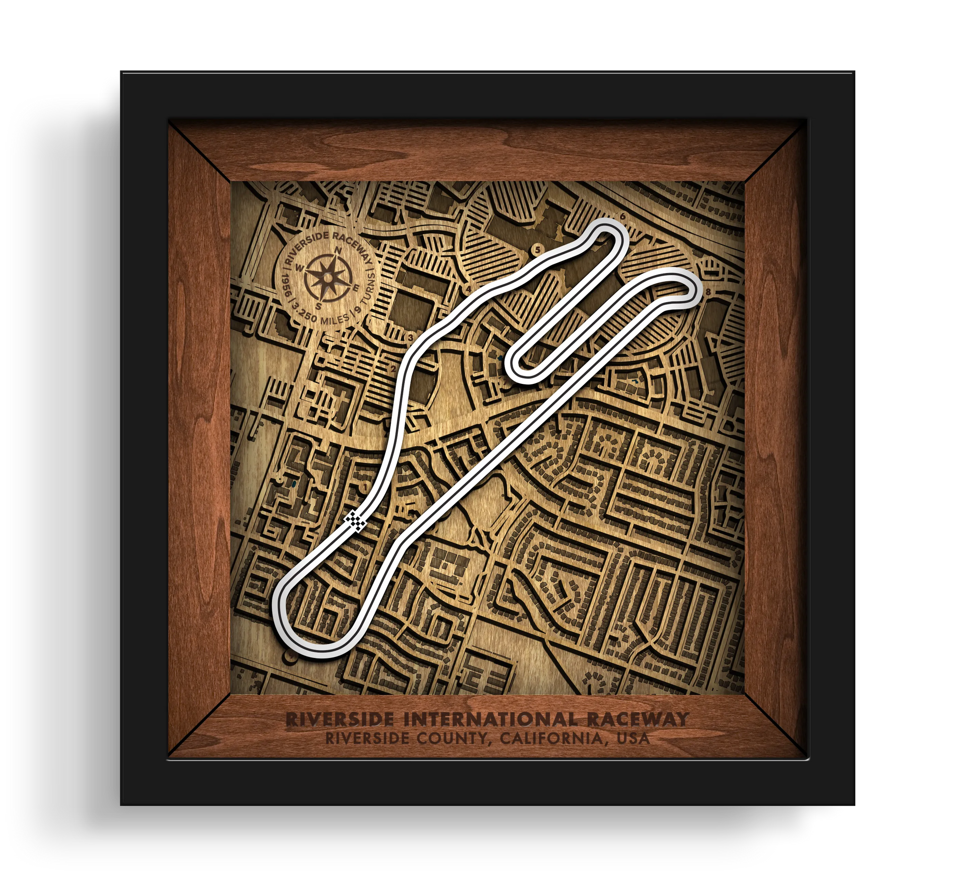 Handcrafted Riverside International Raceway layered wooden wall art in a black frame.