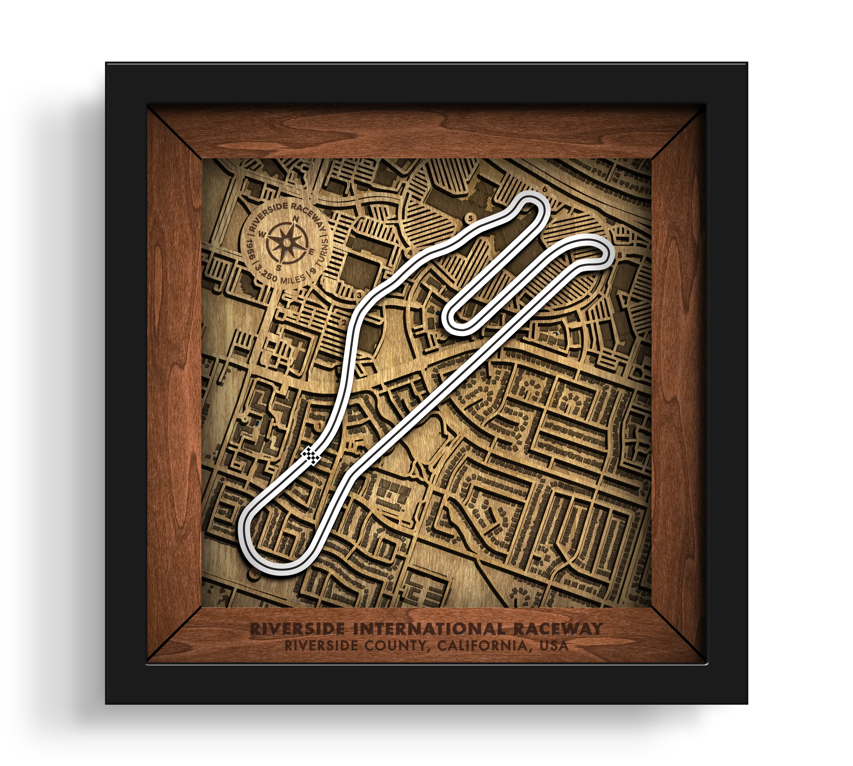 Handcrafted Riverside International Raceway layered wooden wall art in a black frame.