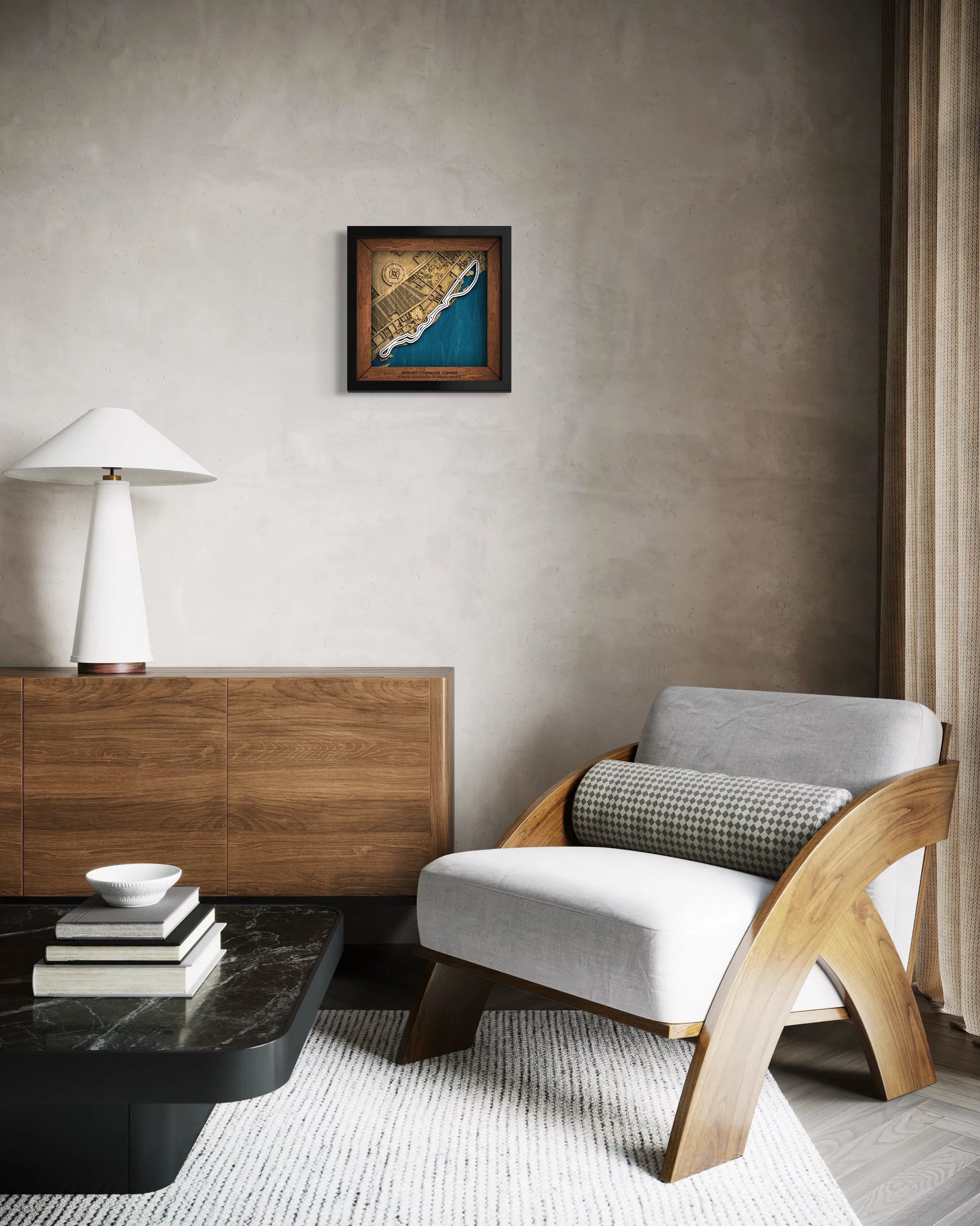 Handcrafted Jeddah Corniche Circuit layered wooden racetrack wall art displayed in a modern living room.