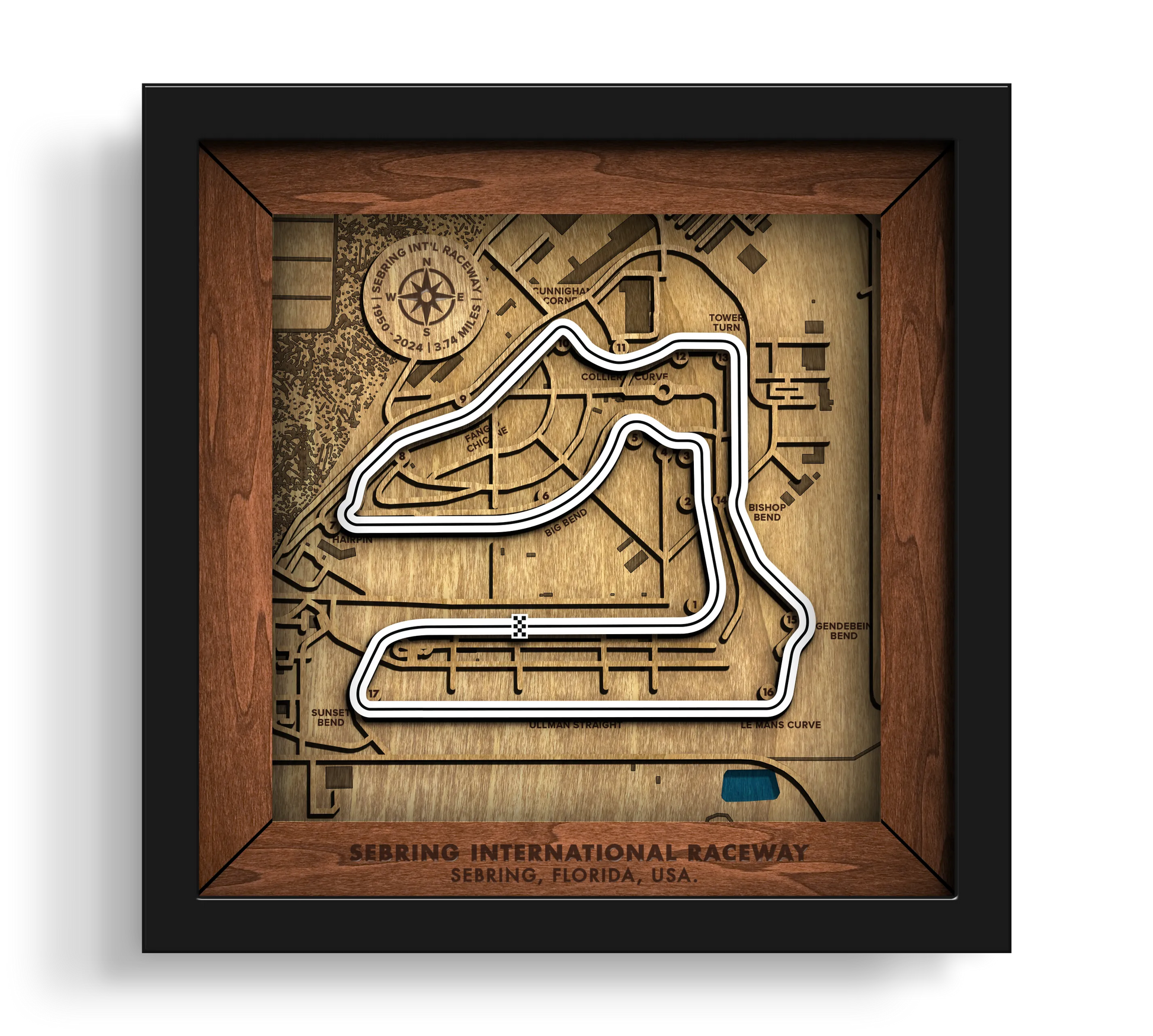 Handcrafted Sebring International Raceway layered wooden racetrack wall art in a black frame.