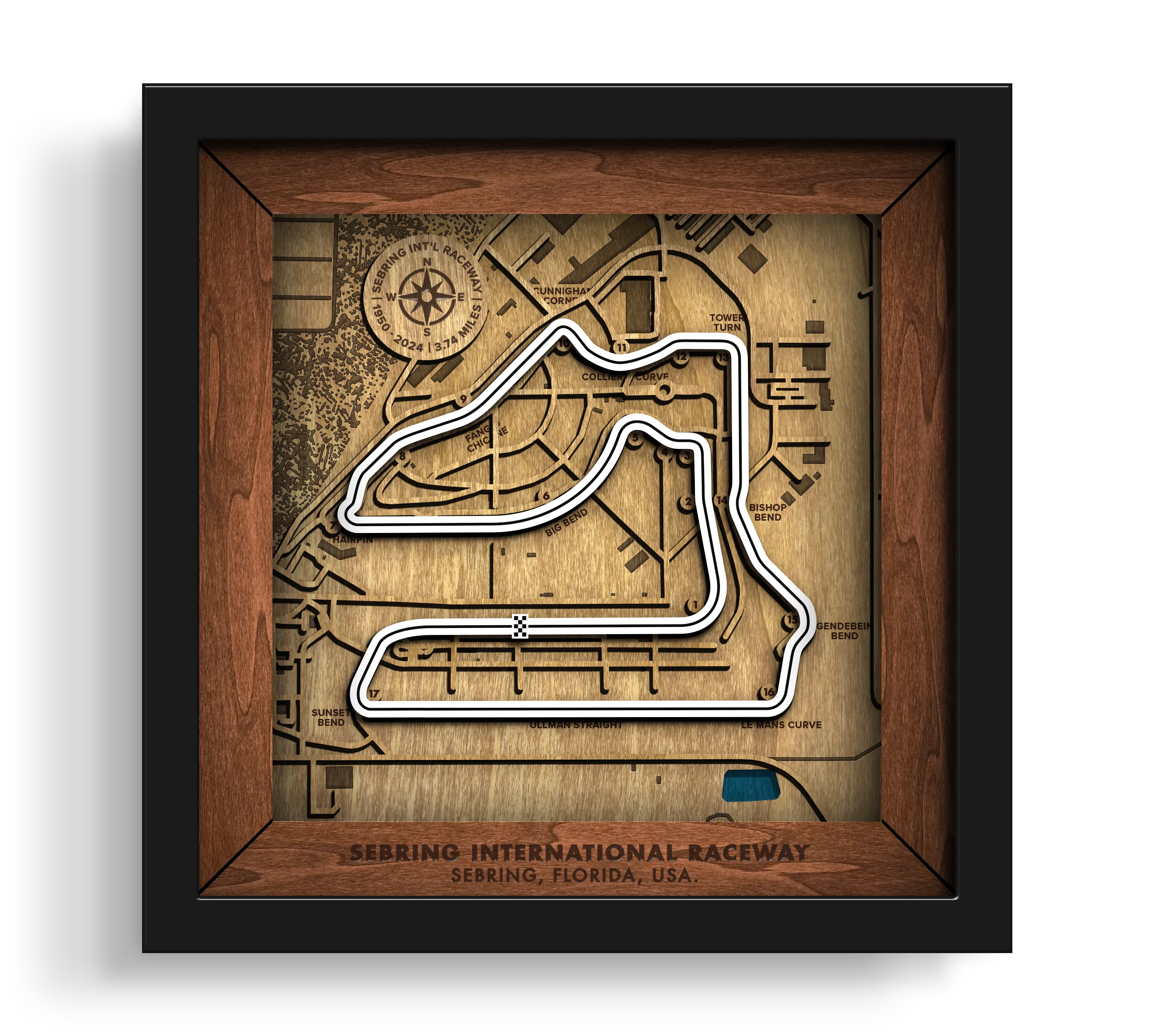 Handcrafted Sebring International Raceway layered wooden racetrack wall art in a black frame.