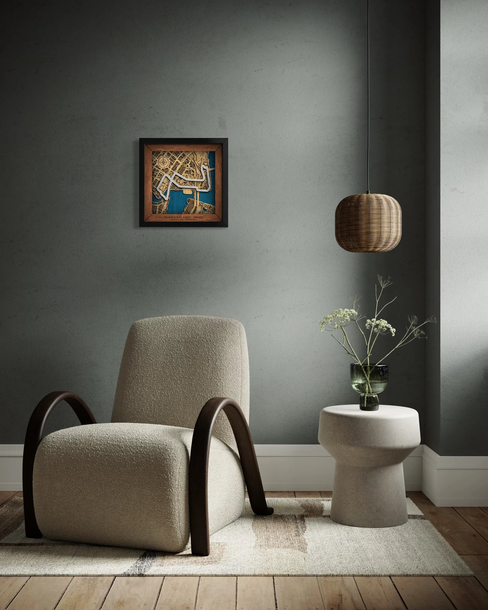 Handcrafted Marina Bay Street Circuit layered wooden racetrack wall art displayed in a modern living room.