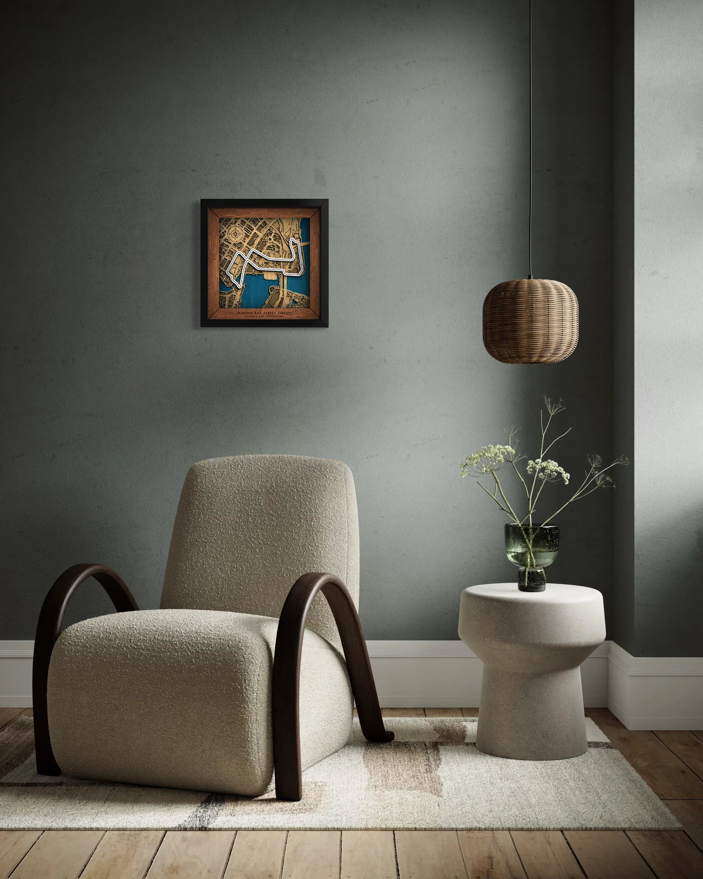 Handcrafted Marina Bay Street Circuit layered wooden racetrack wall art displayed in a modern living room.