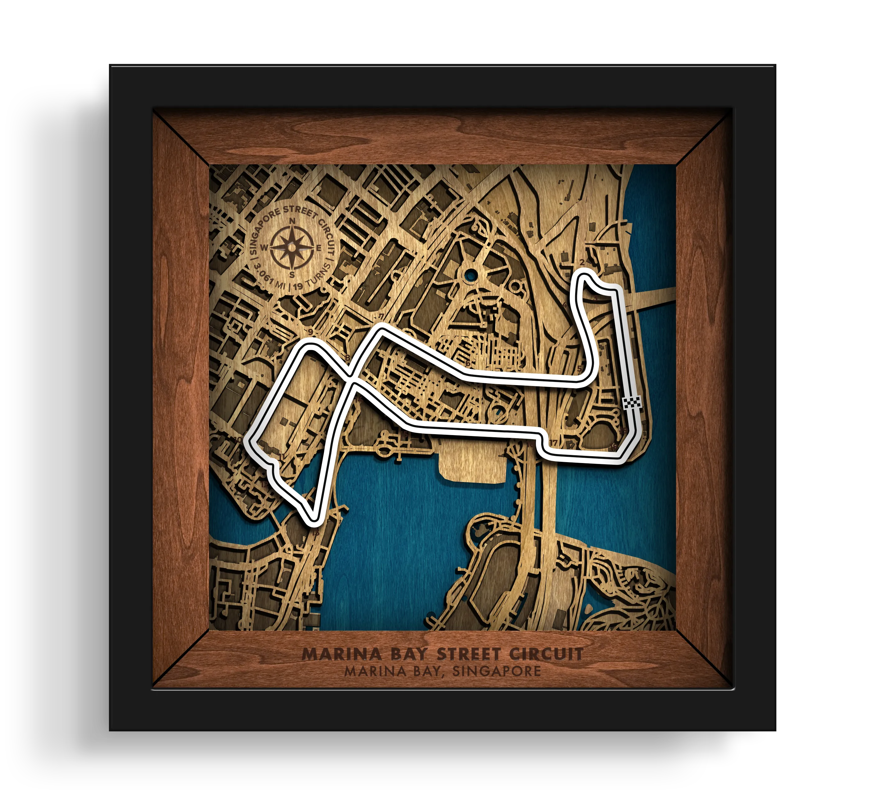 Handcrafted Marina Bay Street Circuit layered wooden racetrack wall art in a black frame.
