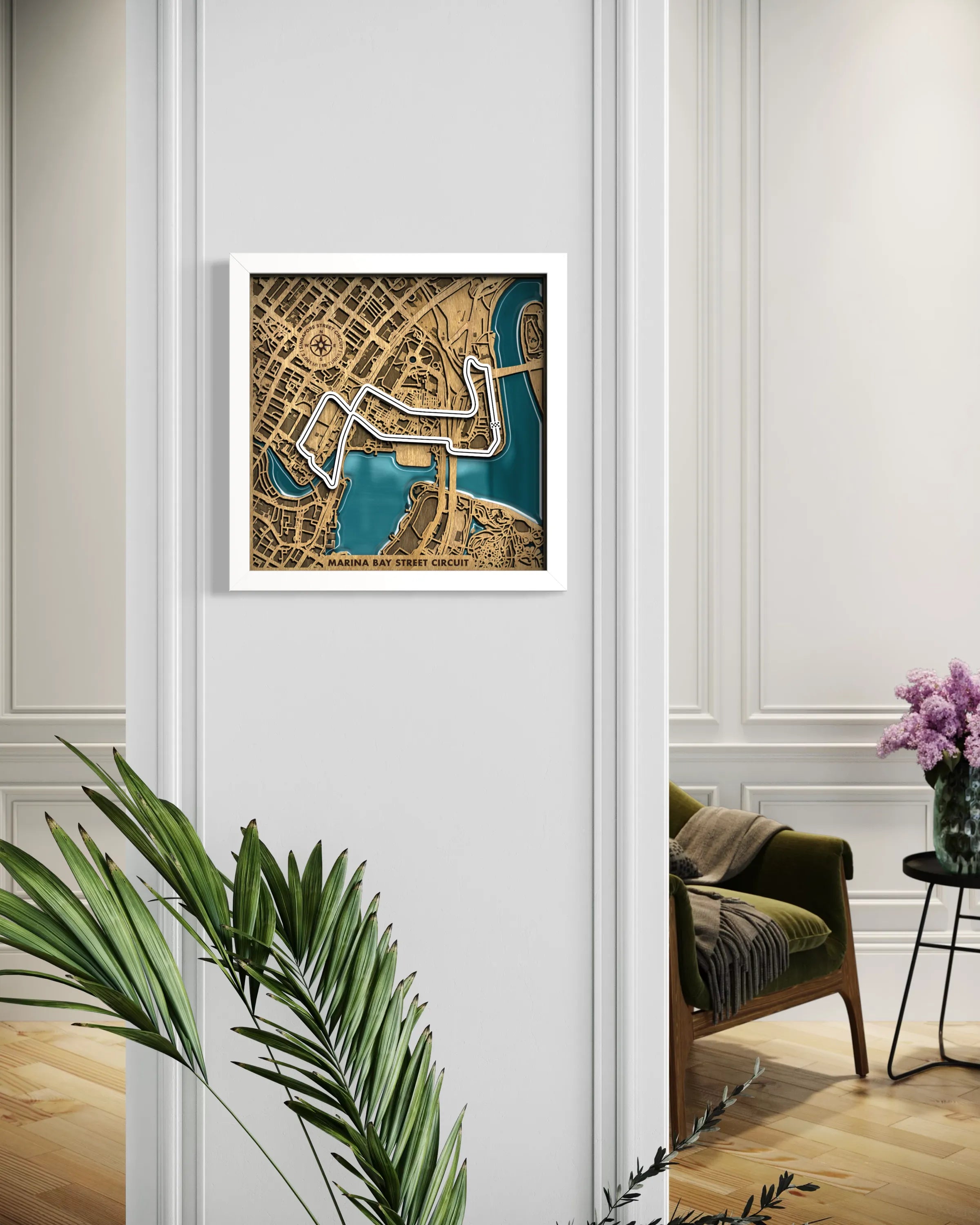 Handcrafted Marina Bay Street Circuit layered wooden racetrack wall art with epoxy resin waters displayed in a modern living room with a white frame