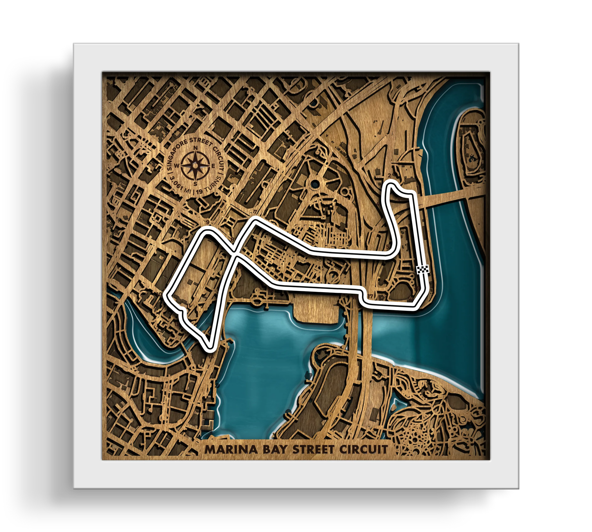 Handcrafted Marina Bay Street Circuit layered wooden racetrack wall art with an epoxy resin finish in a white frame.