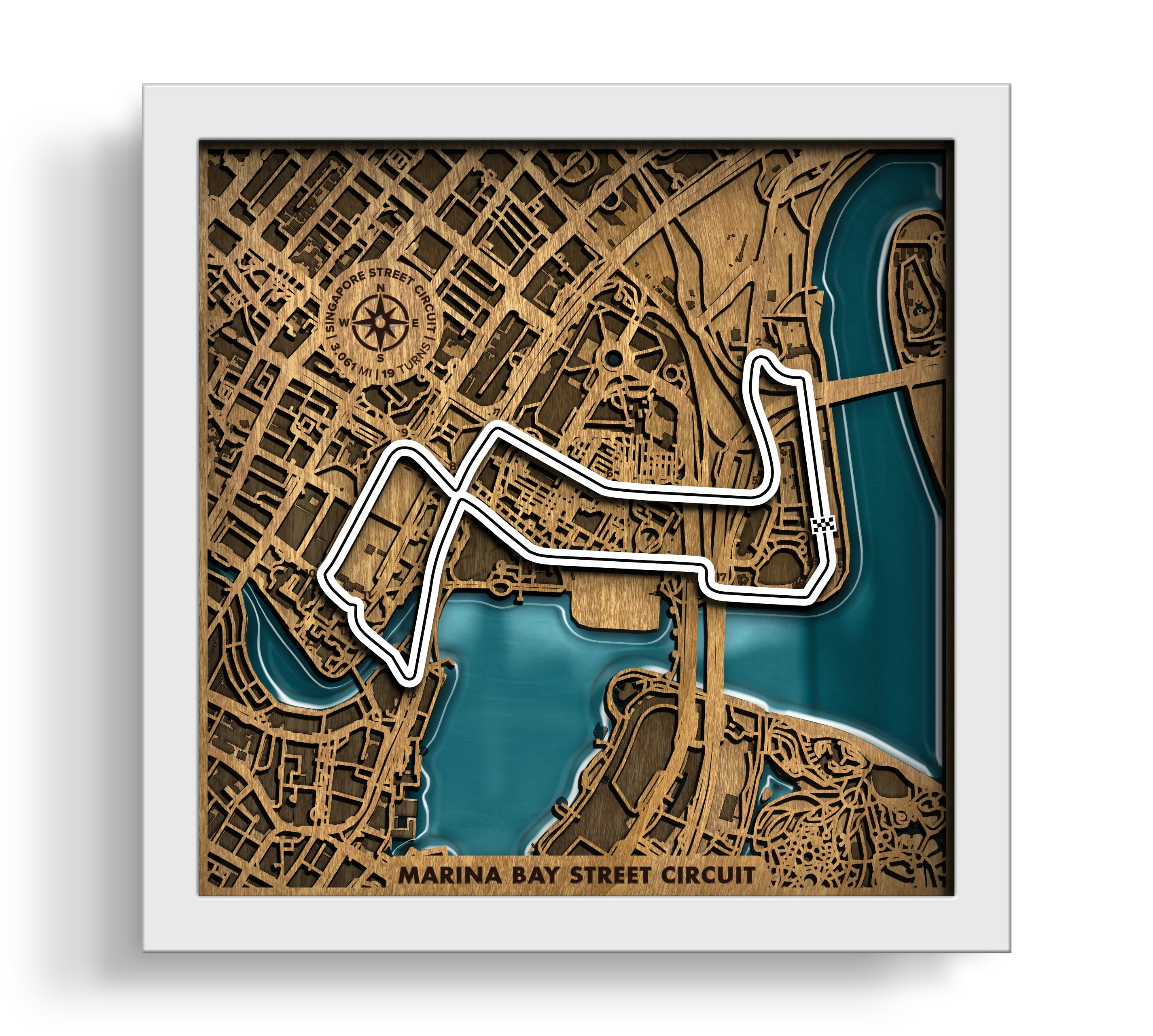 Handcrafted Marina Bay Street Circuit layered wooden racetrack wall art with an epoxy resin finish in a white frame.
