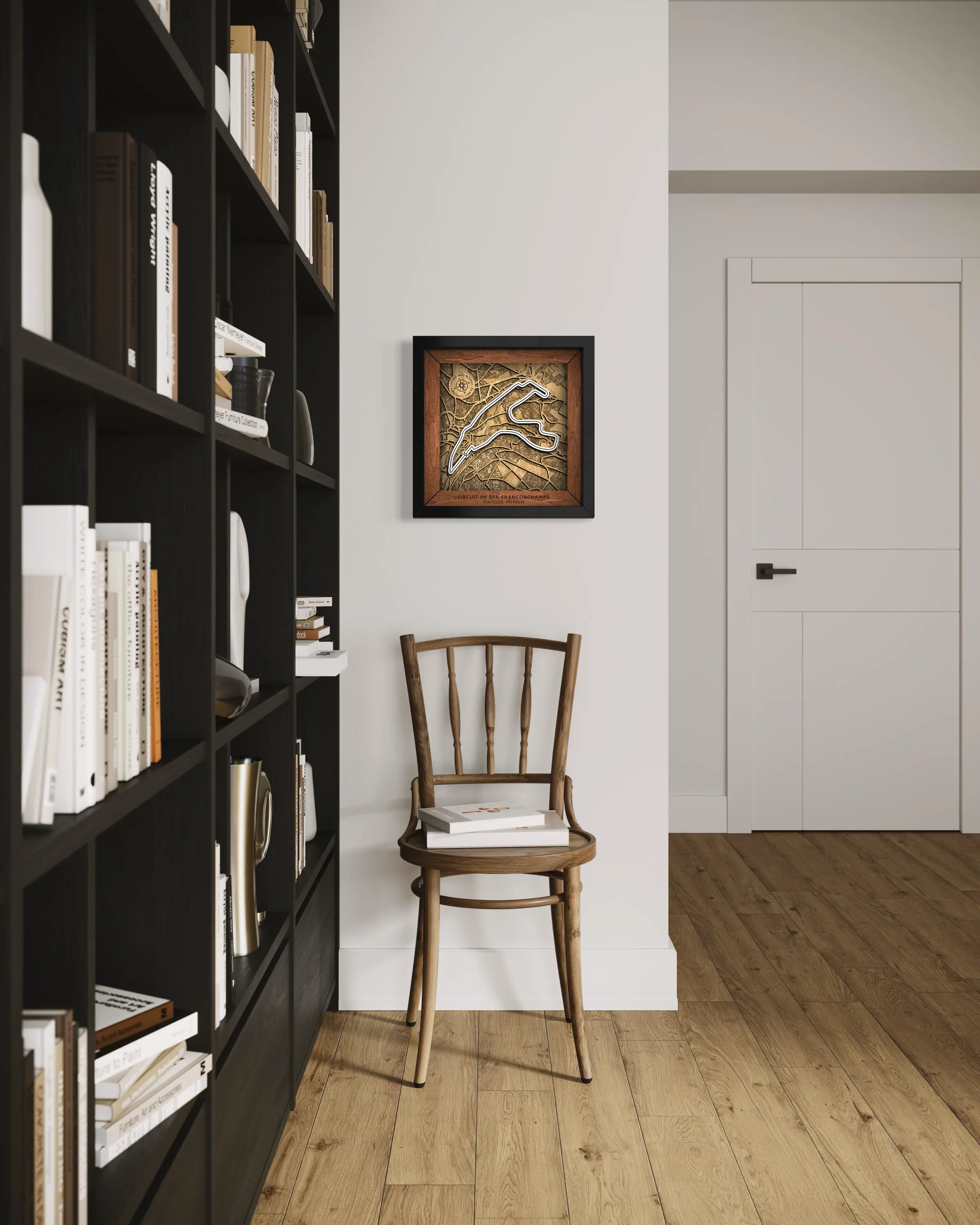 Handcrafted Circuit de Spa-Francorchamps layered wooden racetrack wall art displayed in a modern living room.