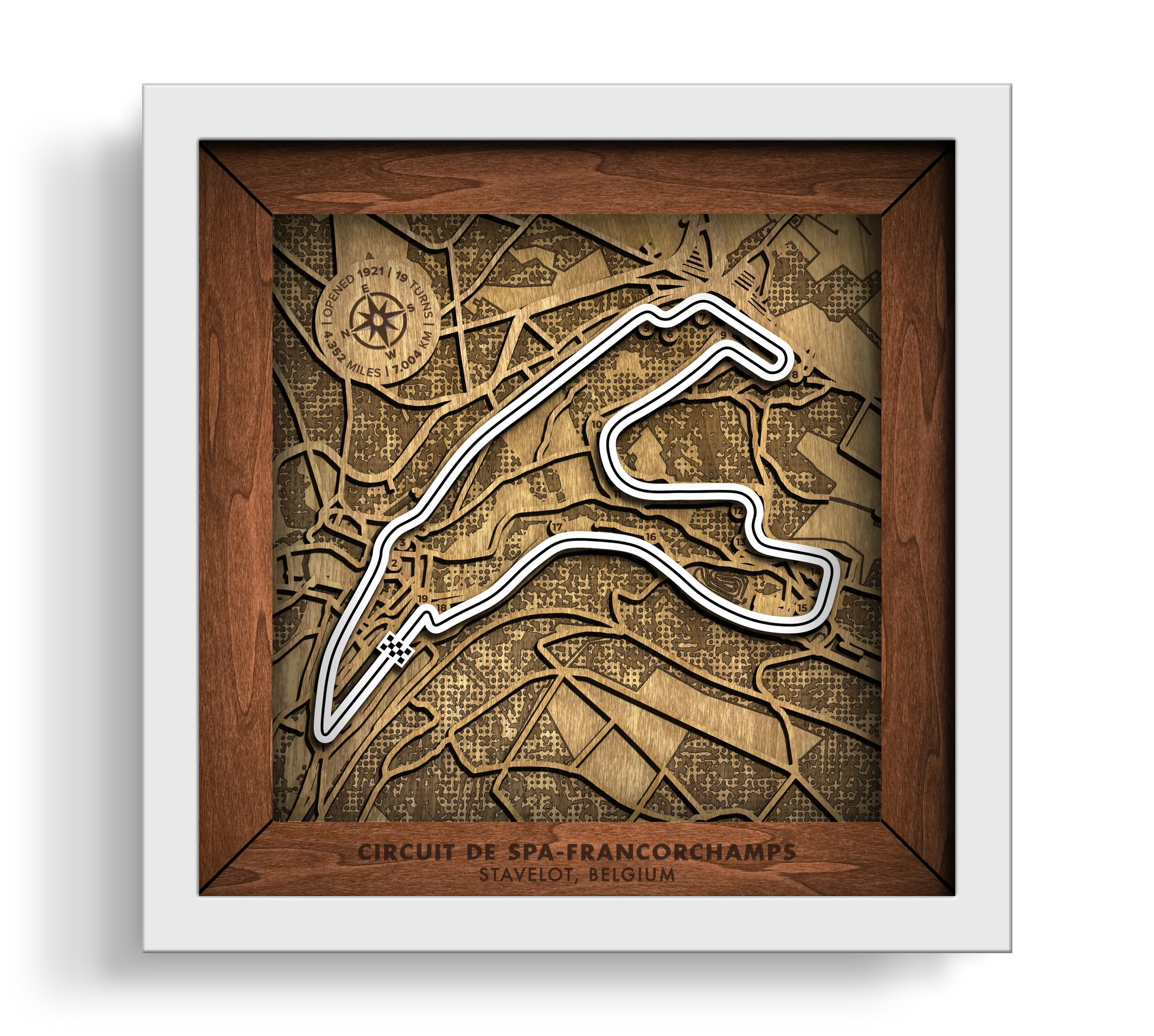 Handcrafted Circuit de Spa-Francorchamps layered wooden racetrack wall art in a white frame.