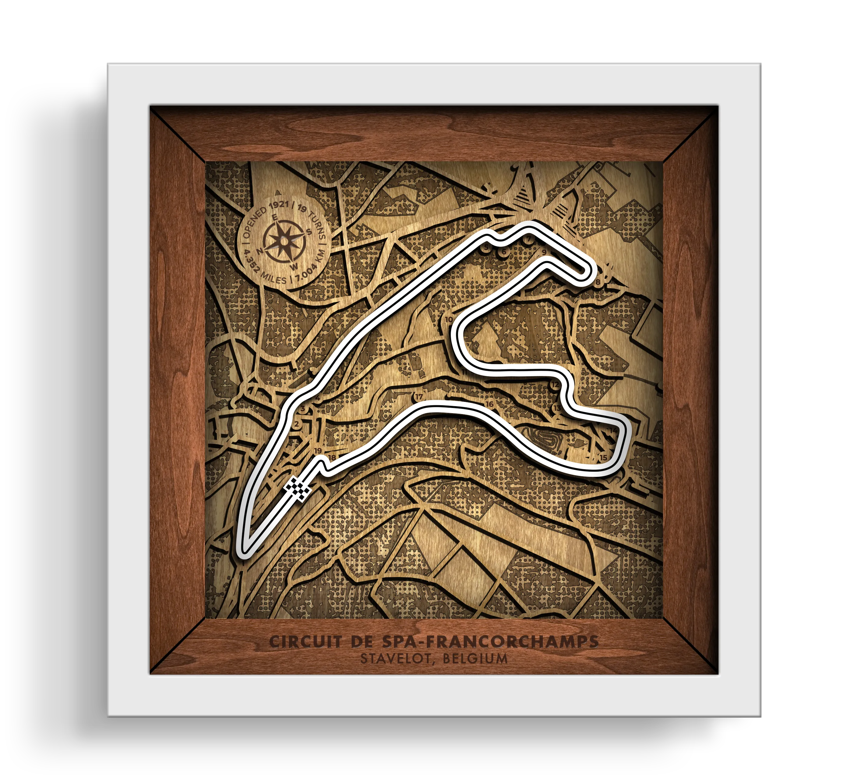 Handcrafted Circuit de Spa-Francorchamps layered wooden racetrack wall art in a white frame.