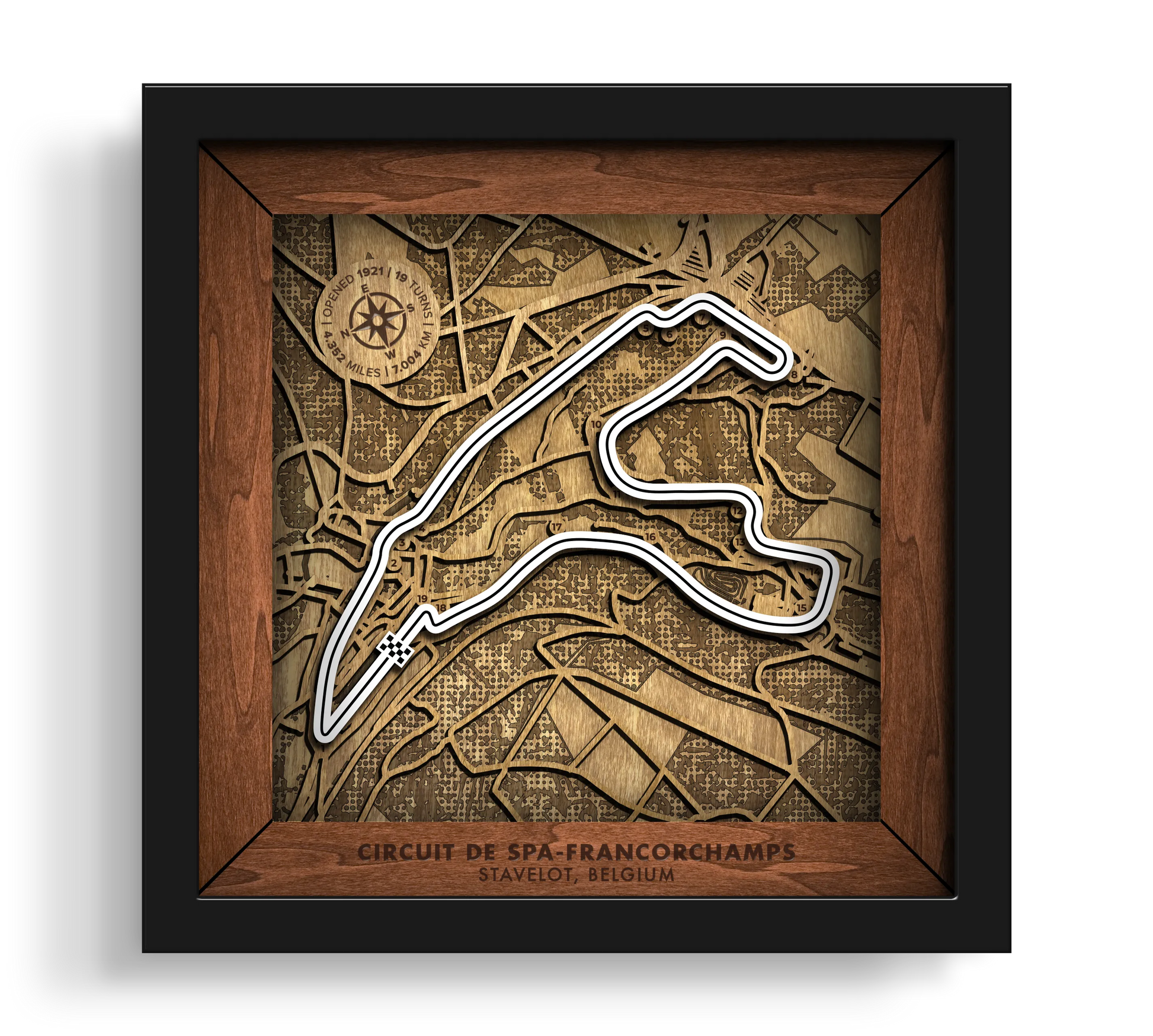 Handcrafted Circuit de Spa-Francorchamps layered wooden racetrack wall art in a black frame.