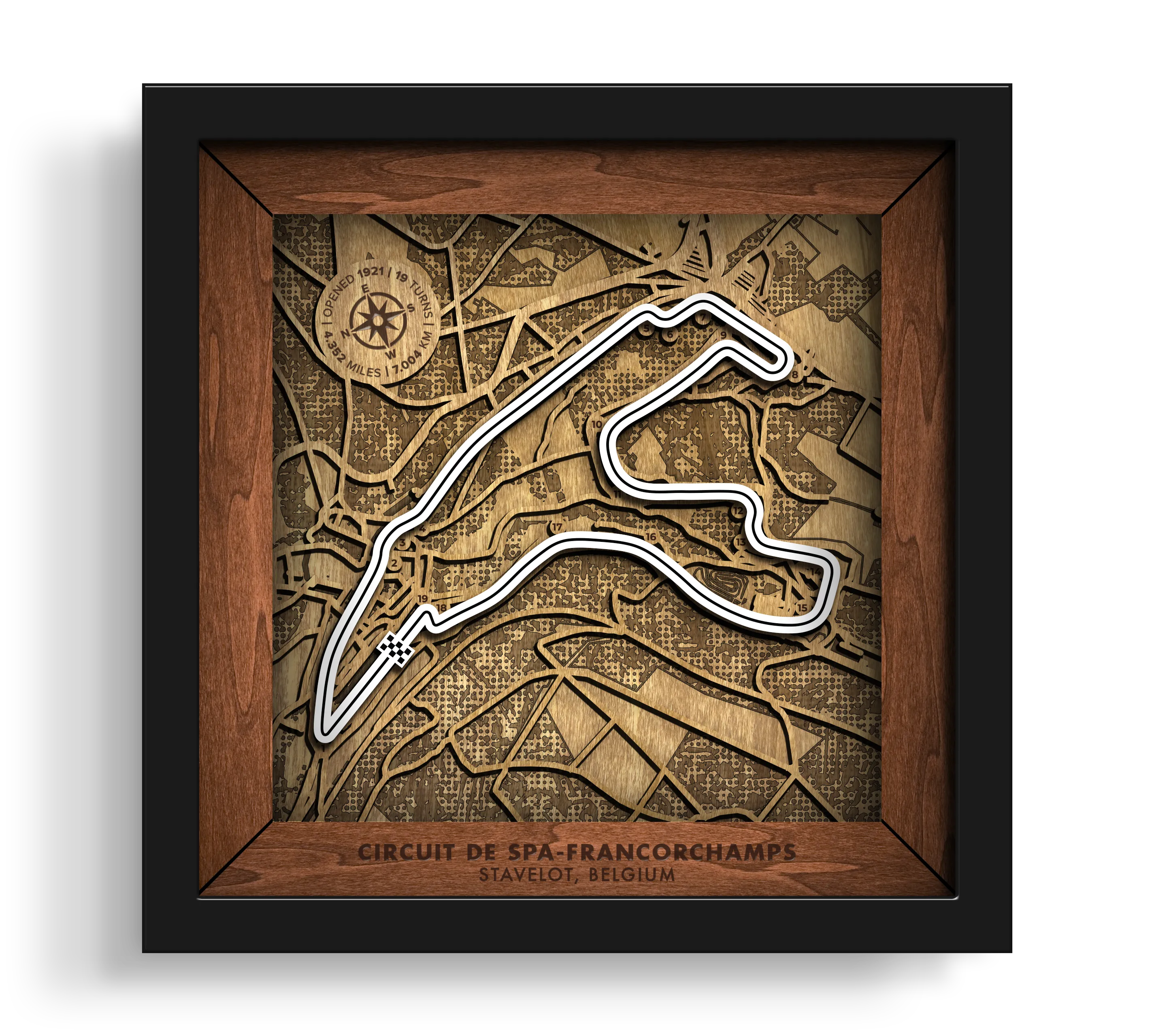 Handcrafted Circuit de Spa-Francorchamps layered wooden racetrack wall art in a black frame.