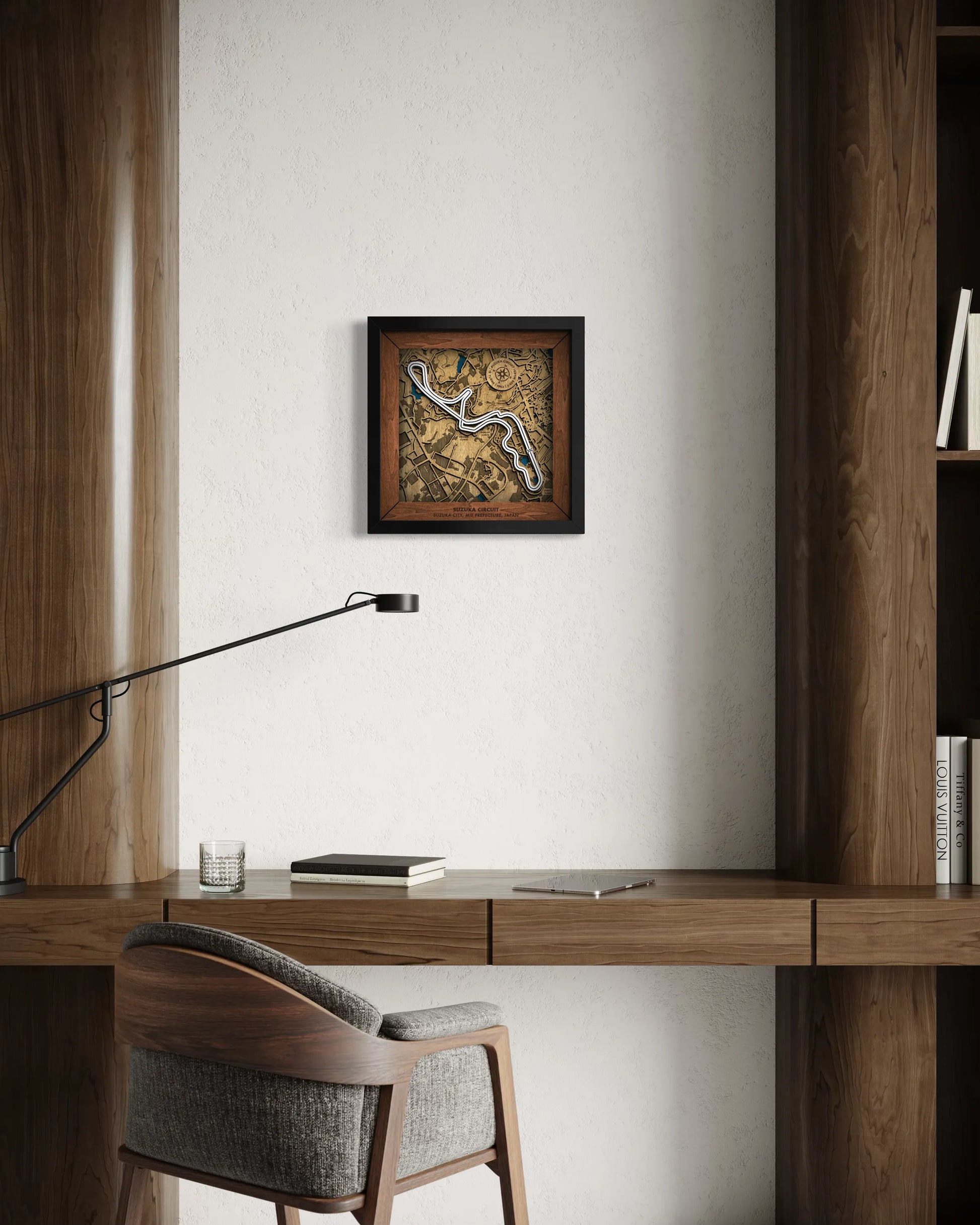 Handcrafted Suzuka Circuit layered wooden racetrack wall art displayed in a modern living room.